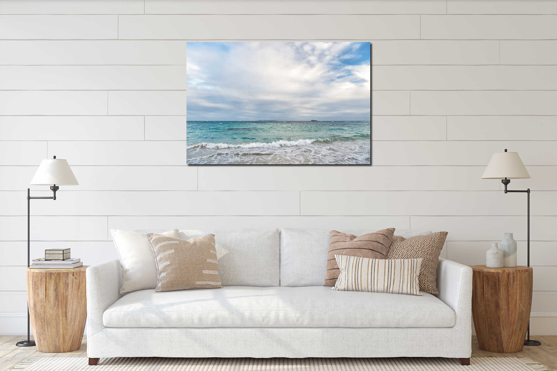 Seascape and sky with clouds, white cloudscape. Sea waves on cloudy sky in philipsburg, sint maarten. Beach vacation at Caribbean, interior mockup