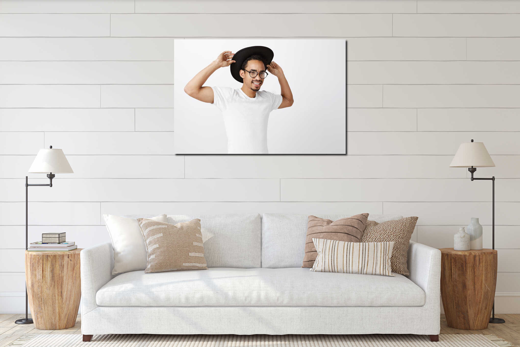 Stylish model walking around city centre with coworkers. Portrait of confident beautiful african man taking off trendy interior mockup