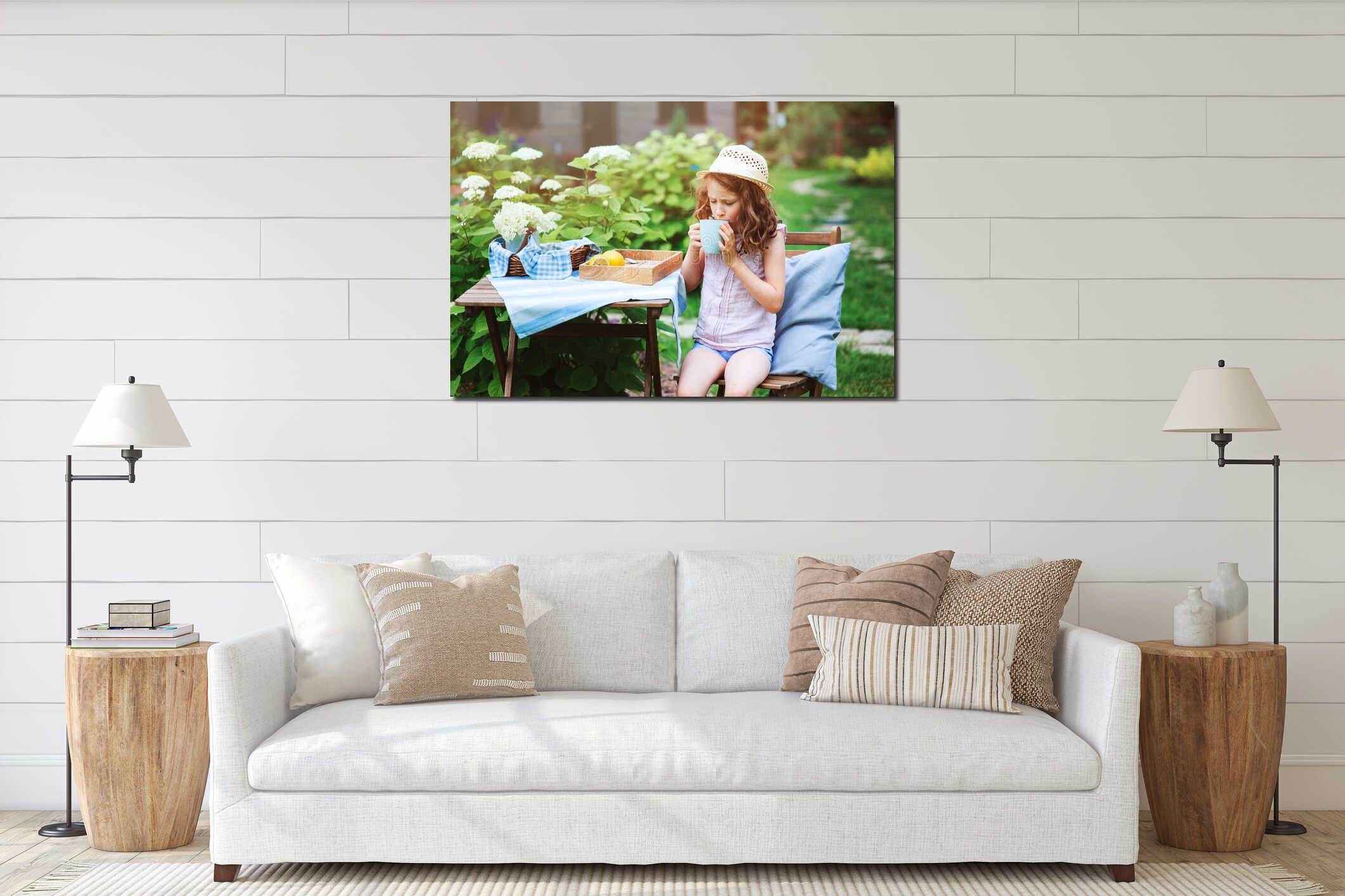 Happy child girl drinking tea with lemons interior mockup
