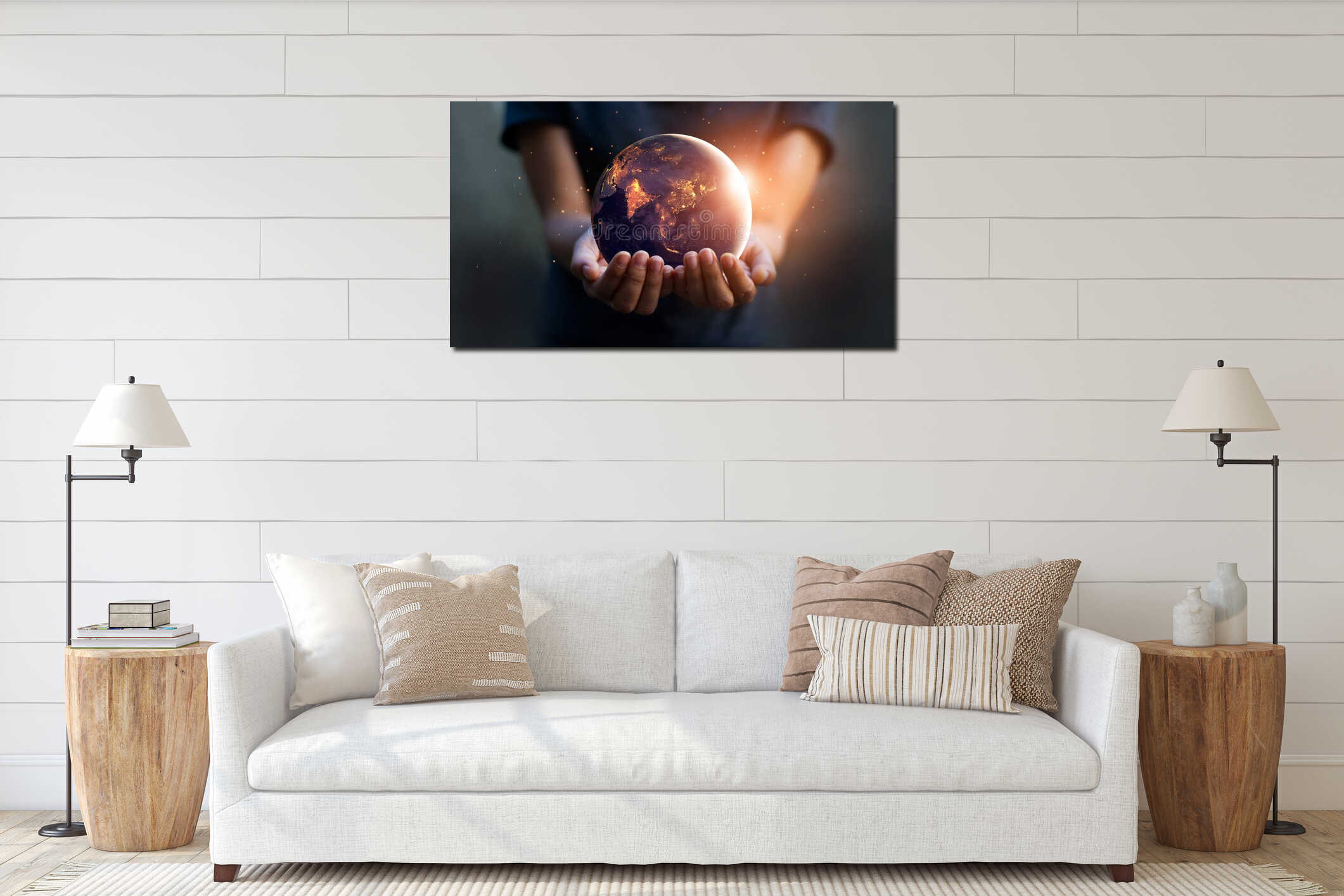 Earth at night was holding in human hands. Earth day. interior mockup