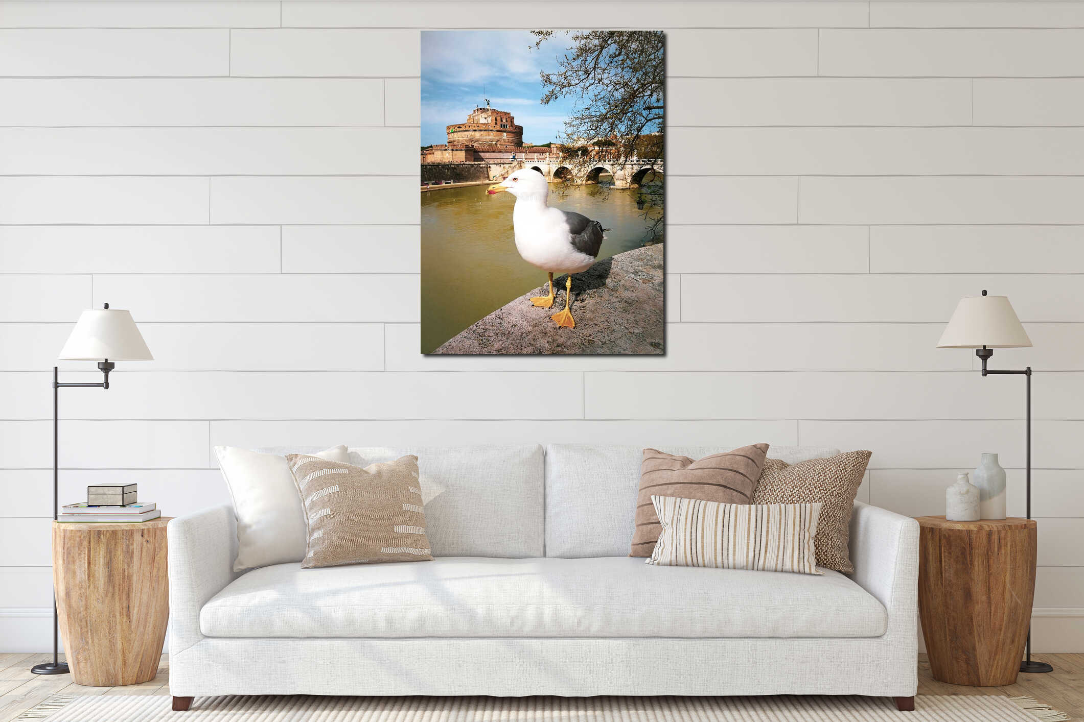 Seagull with Castel Sant Angelo in Rome in Italy. Tiber river interior mockup