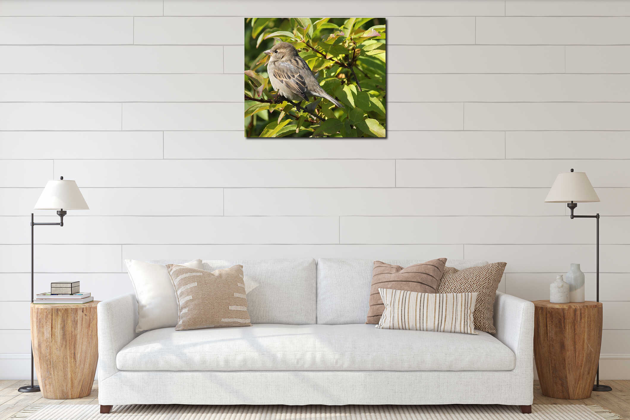 Small brown bird in tree interior mockup