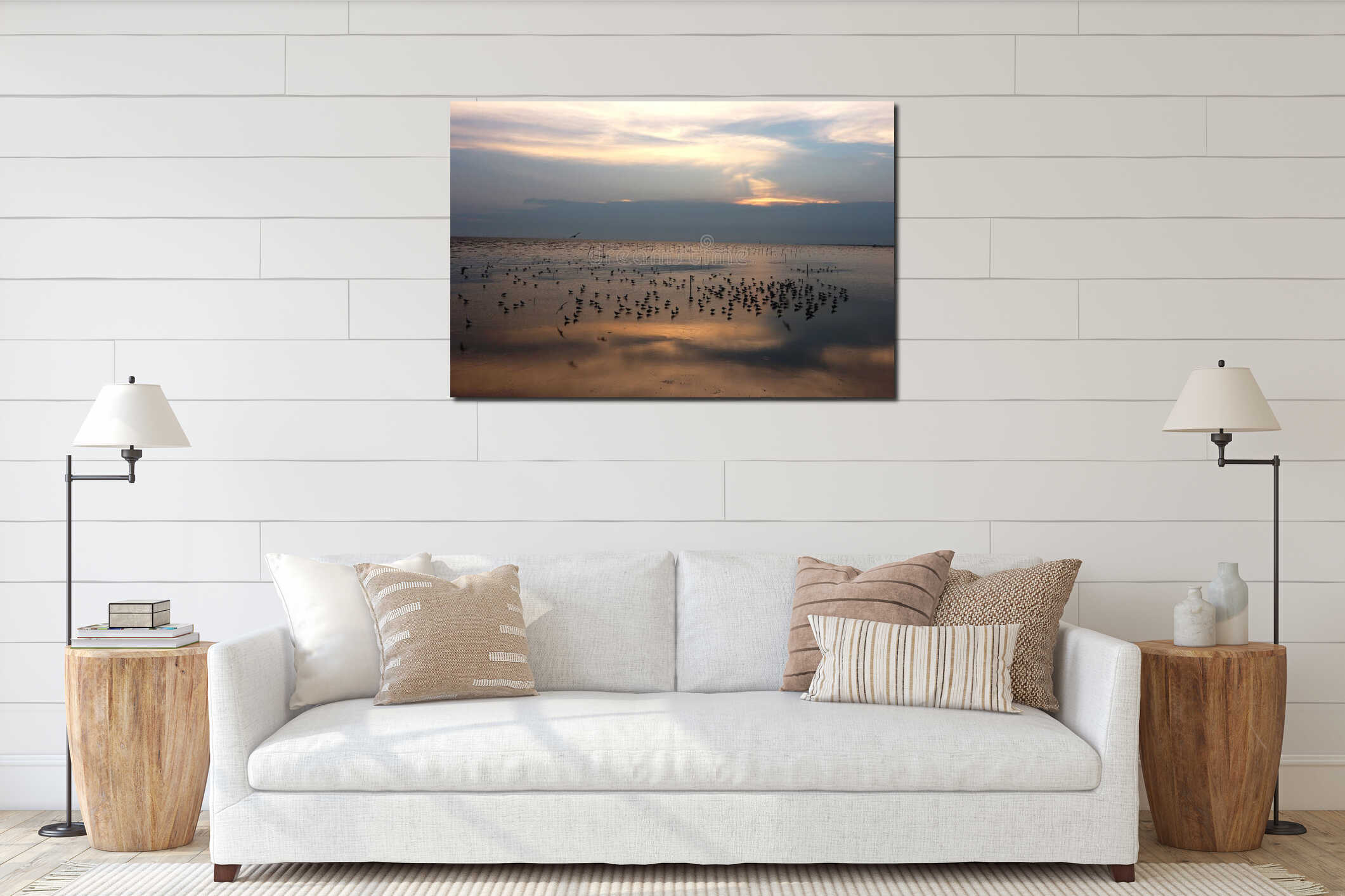 Seagull flying at sunset sky at bangpoo samutprakarn select focus interior mockup