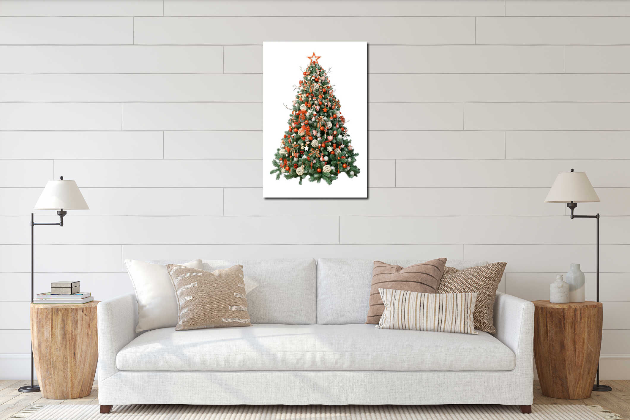 Modern christmas tree isolated on white background, decorated with vintage ornaments; ratan balls, burlap and tartan ribbons, wood interior mockup