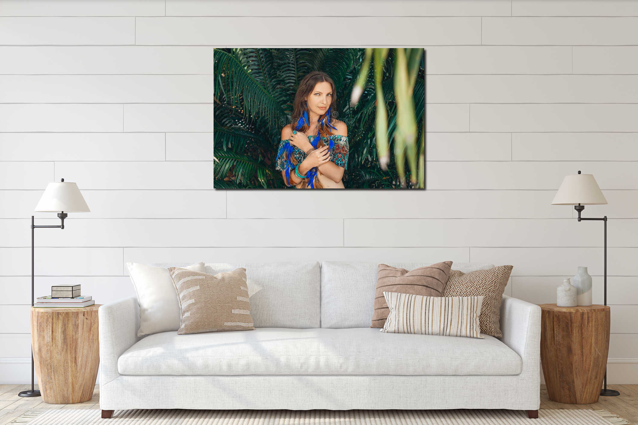 Beautiful young stylish woman portrait on tropical background interior mockup