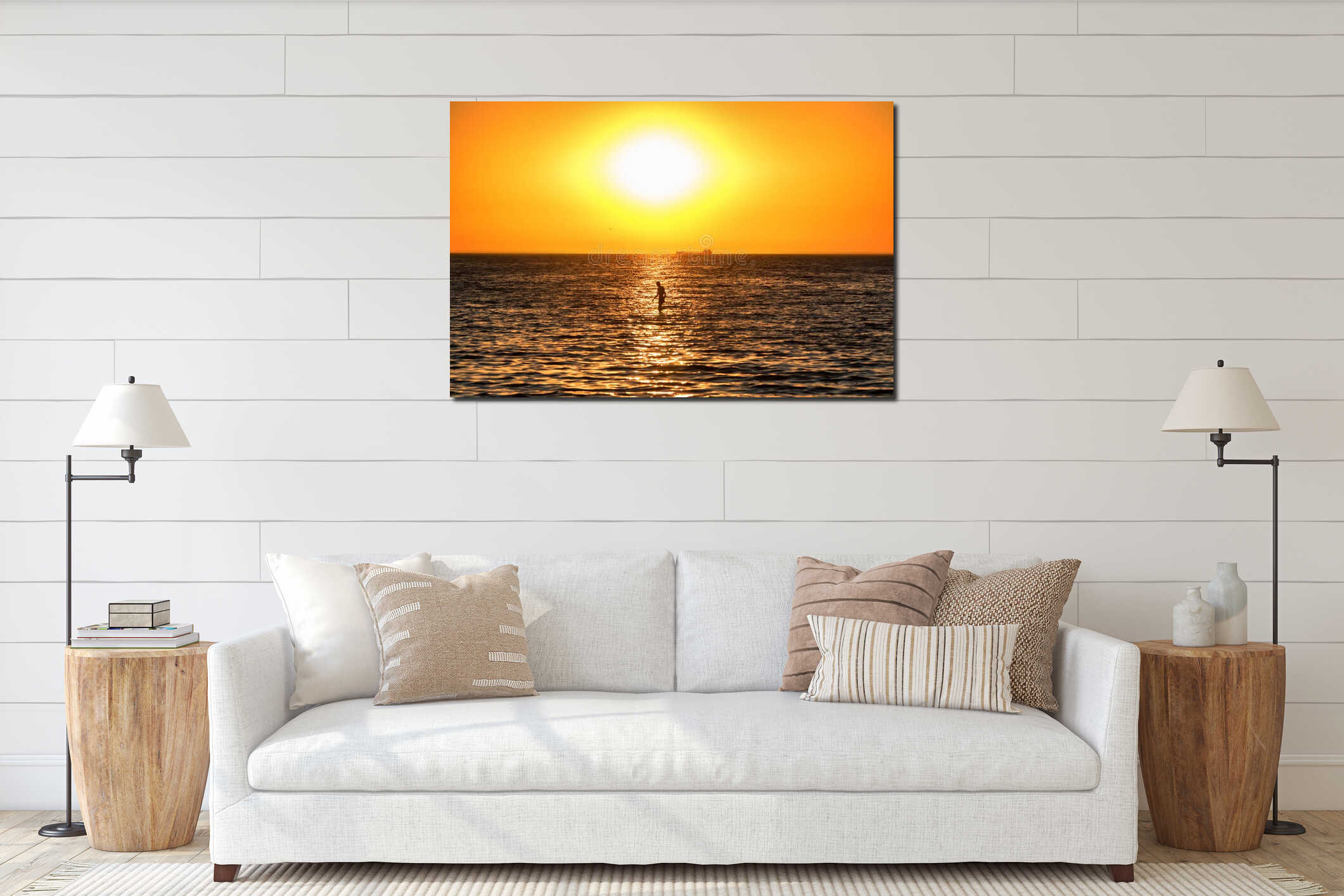 Beautiful sea landscape of man in Sea of Azov interior mockup