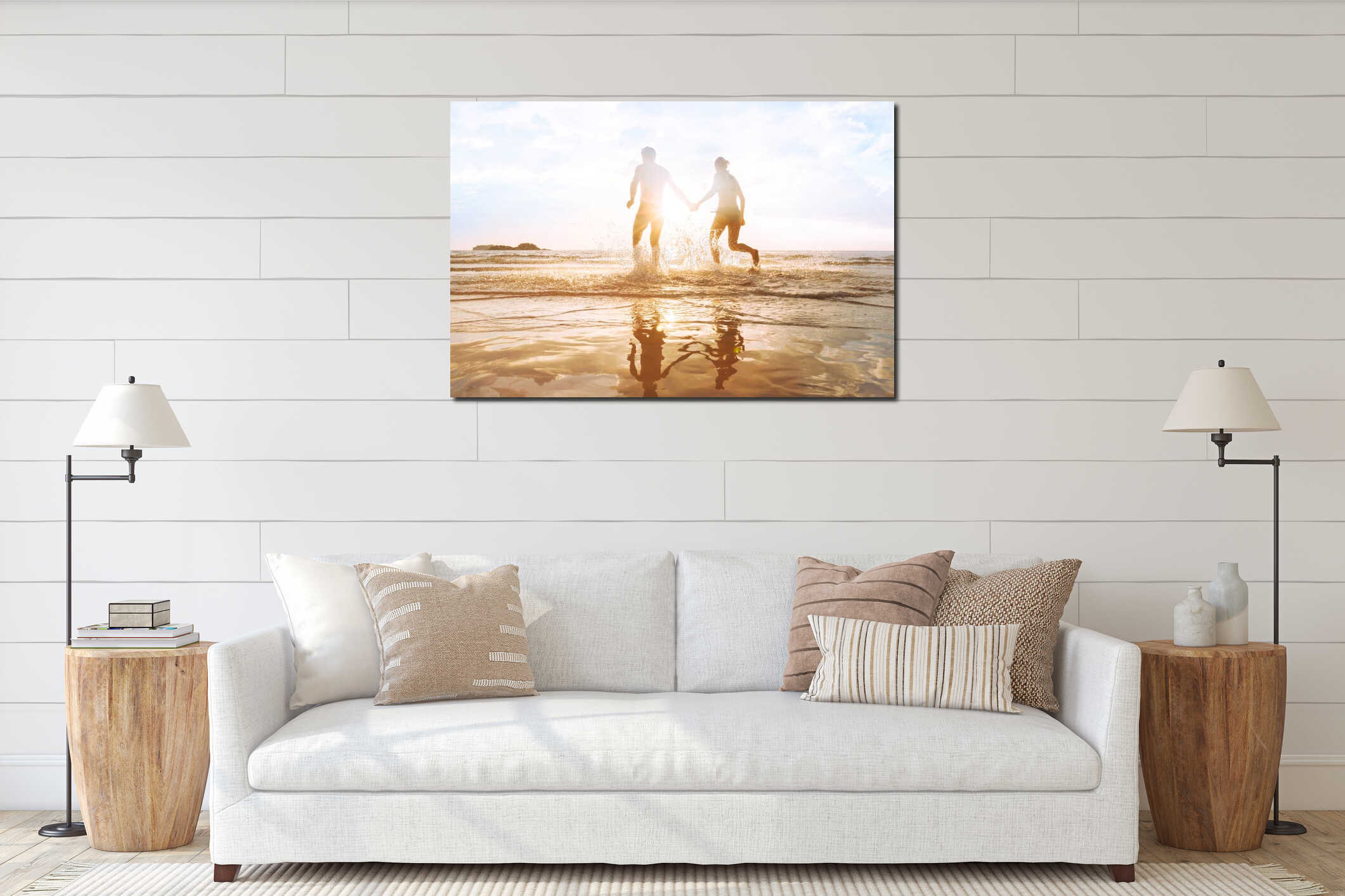 Happy young couple having fun on the beach at sunset, water splash interior mockup