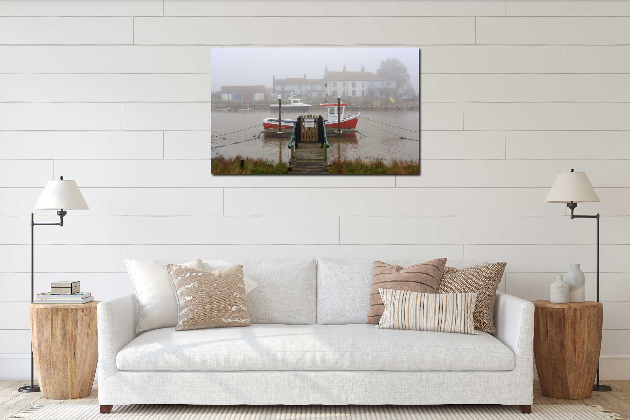 Foggy day at the river Blyth Southwold Suffolk with pier and Red Fishing Boat. interior mockup