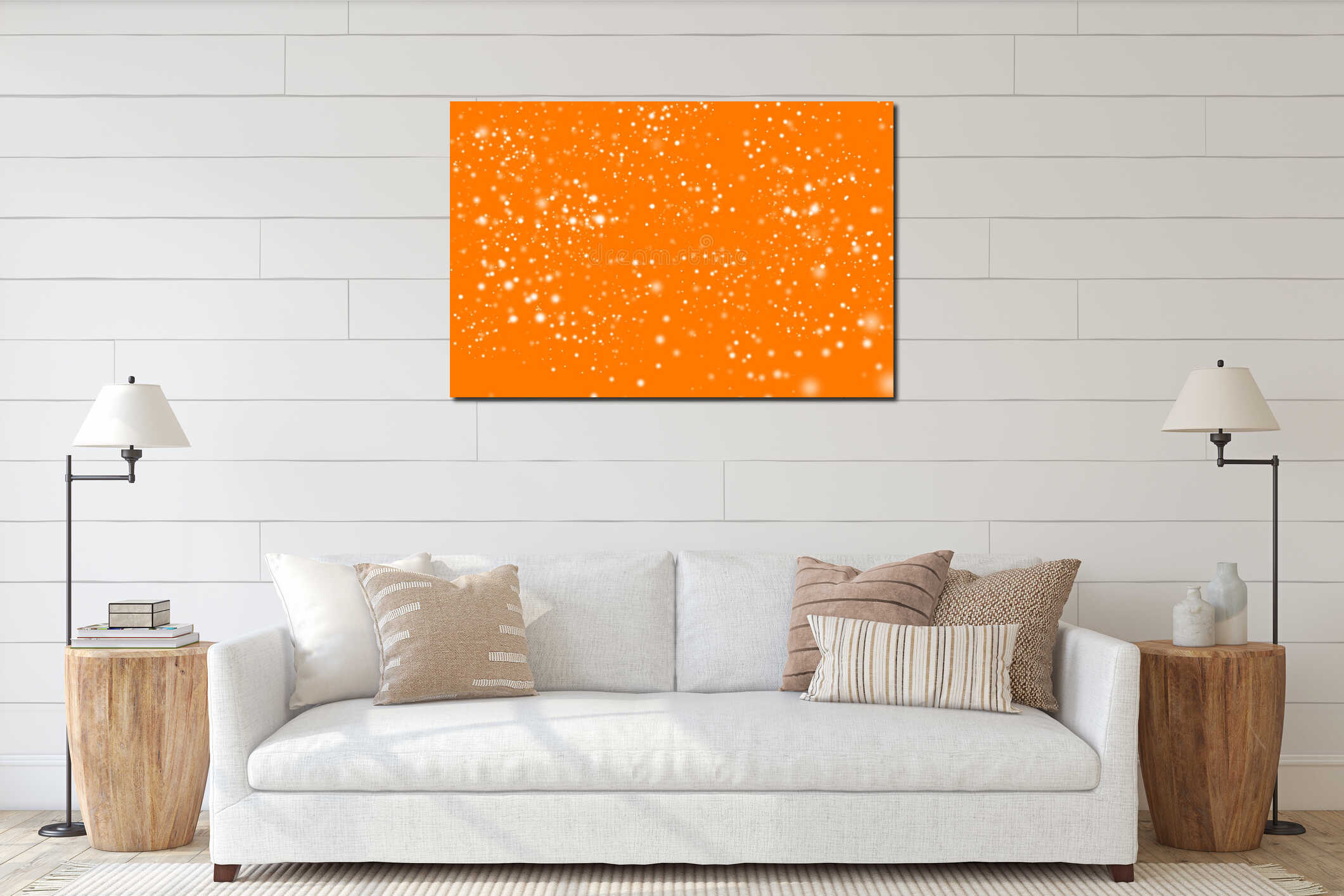 Golden abstract glitter orange background with blinking white irregular spots. Blurred Bokeh. Glamour texture. interior mockup