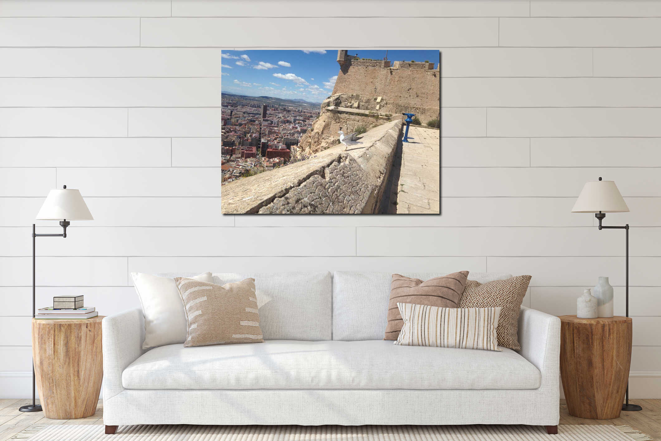 Port and city in Spain, seagull ready for flying interior mockup