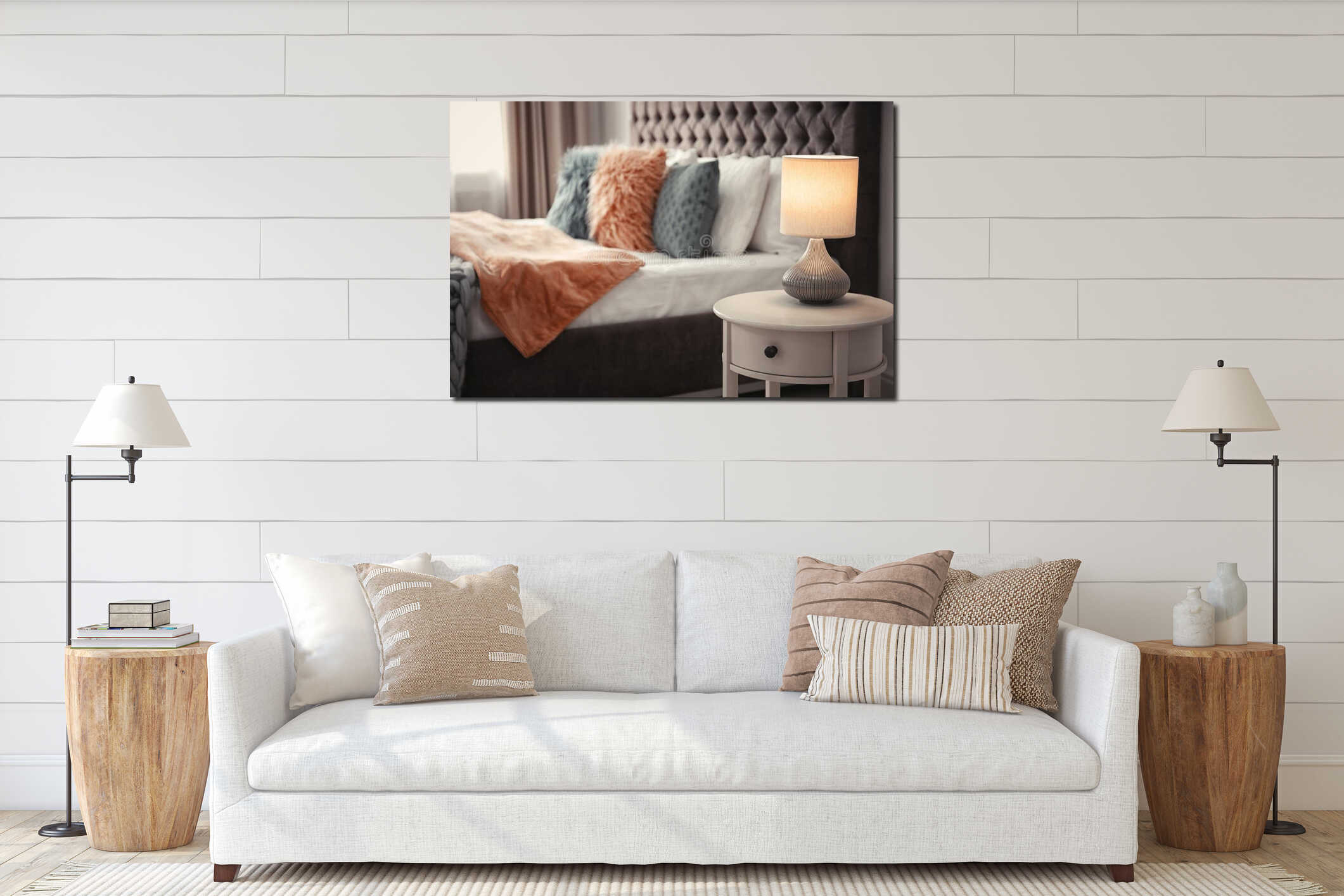 Lamp on bedside table in room interior mockup