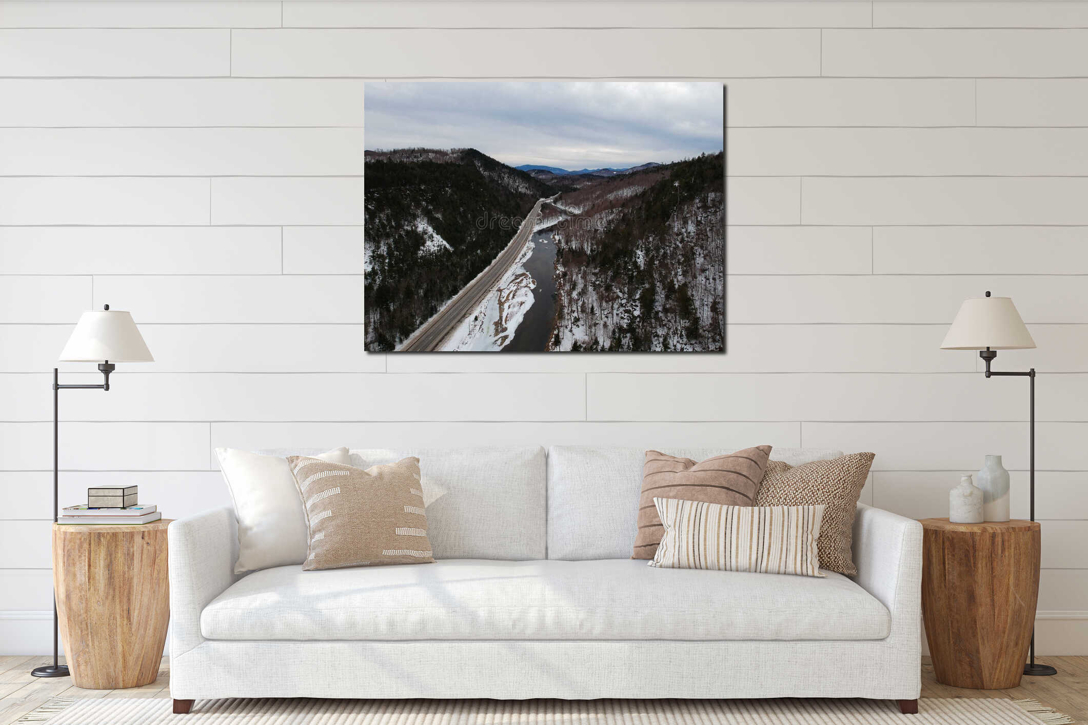 Aerial Drone shot of winter in the Adirondack Mountains High Peaks Region interior mockup