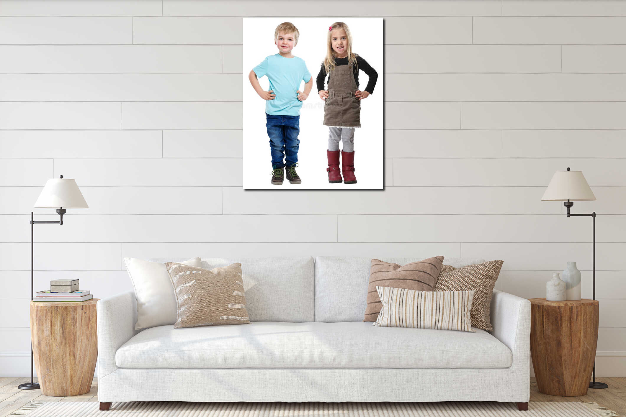Children kids little boy girl blond hair full body portrait isolated on white interior mockup
