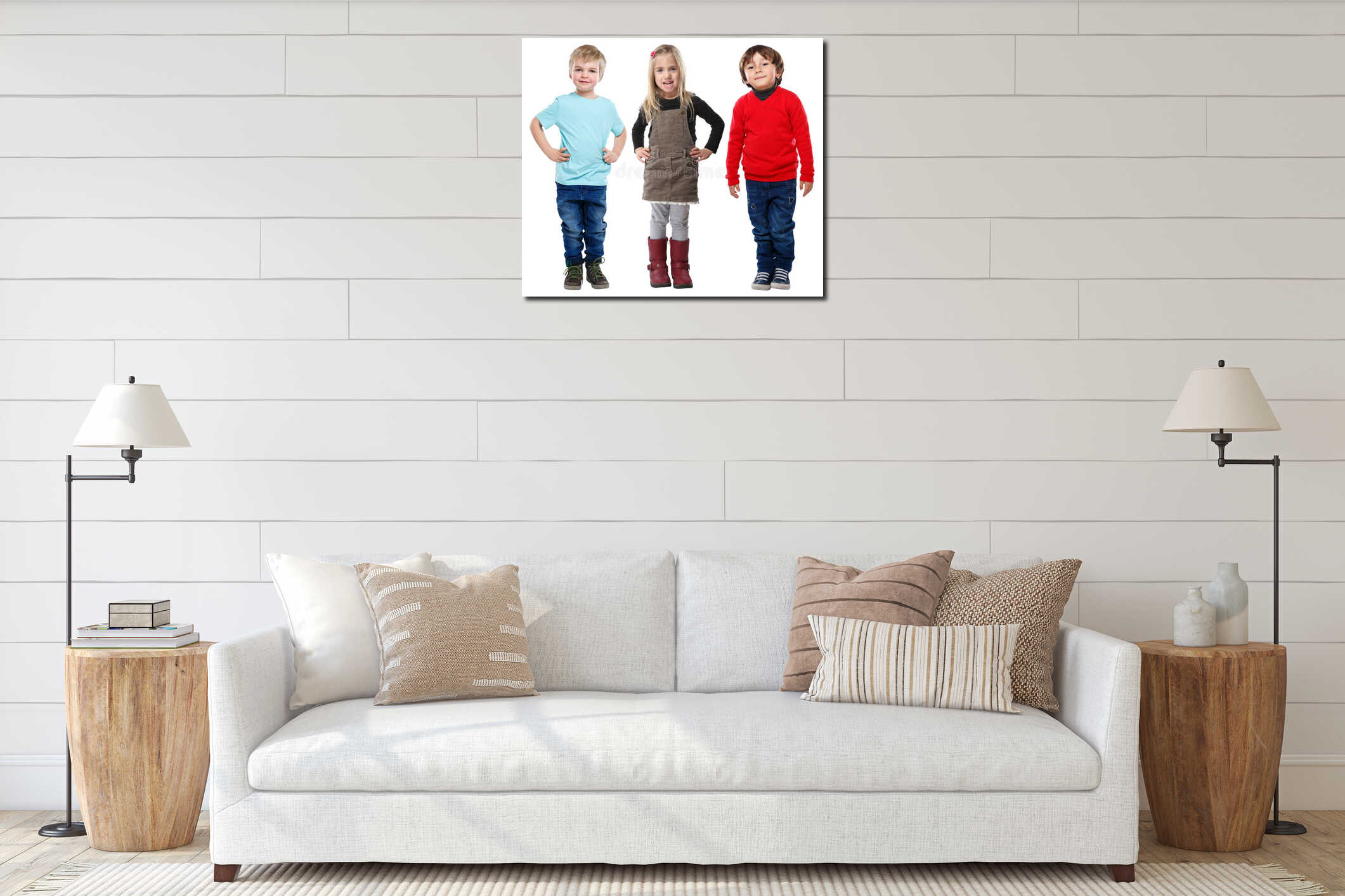 Group of kids children little boys girl blond hair full body portrait isolated on white interior mockup