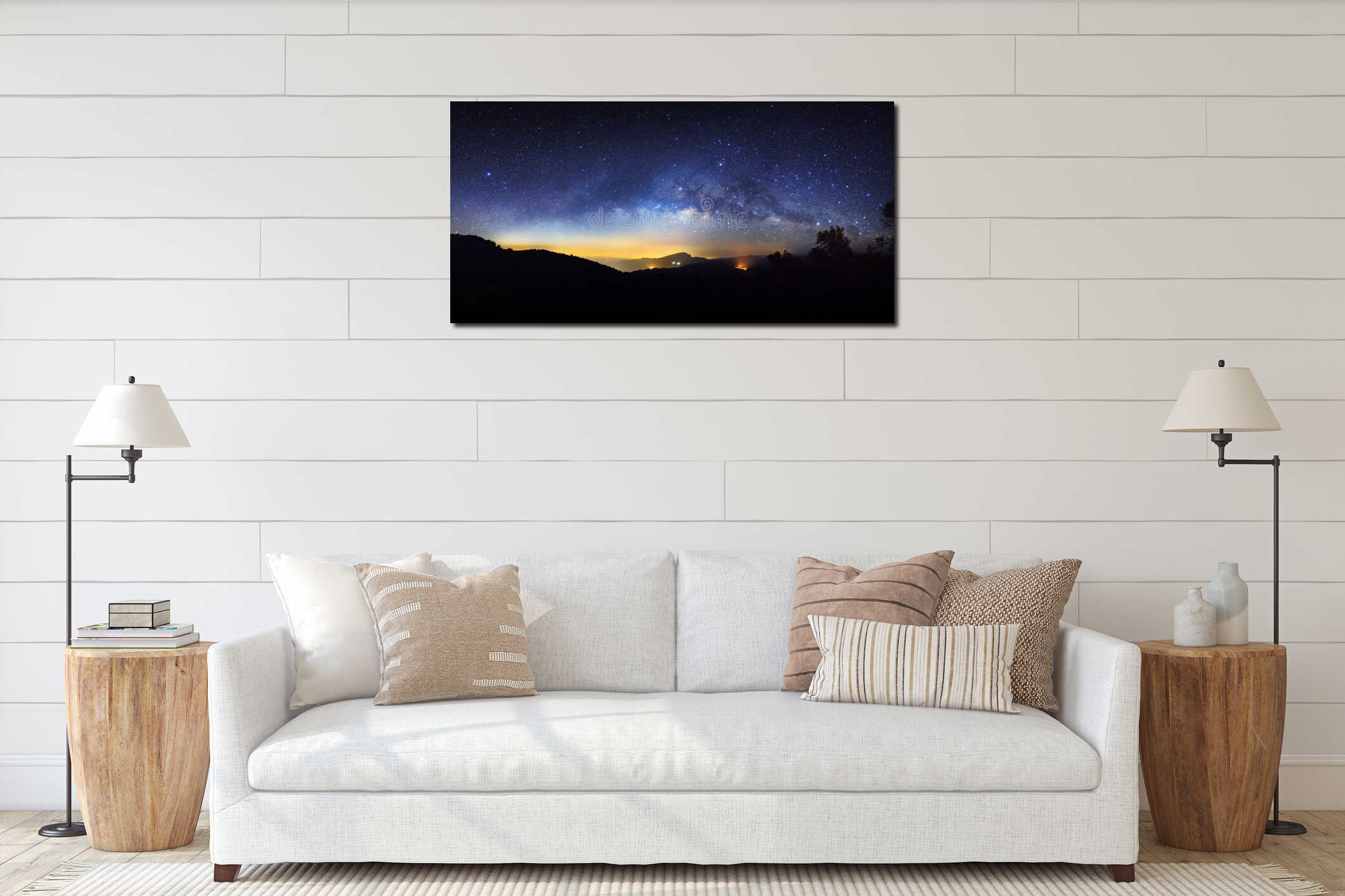 Panorama starry night sky and milky way galaxy with stars and sp interior mockup