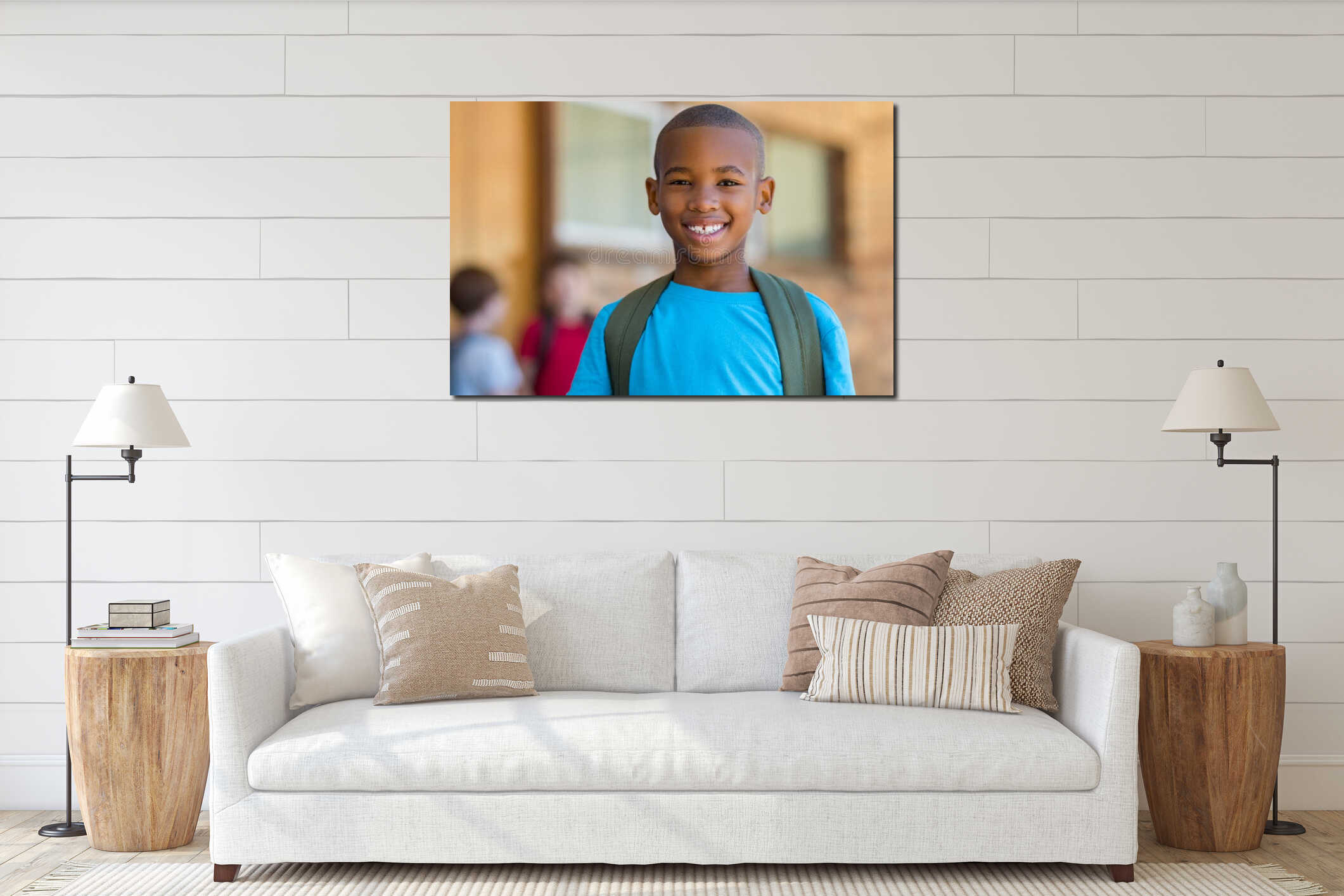 Smiling african school boy interior mockup