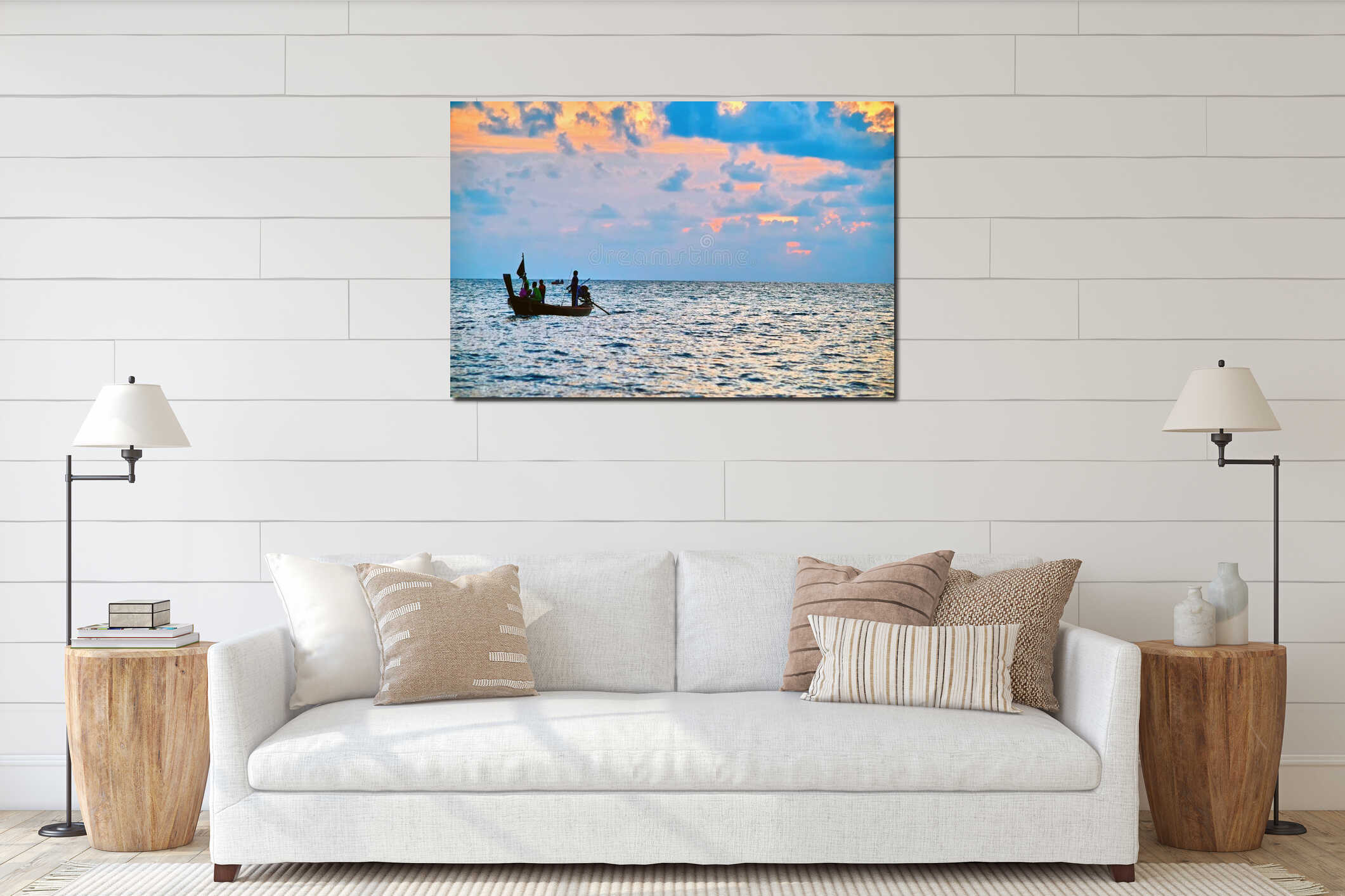 Evening tropical sea landscape with silhouette of a fishing boat with people. interior mockup
