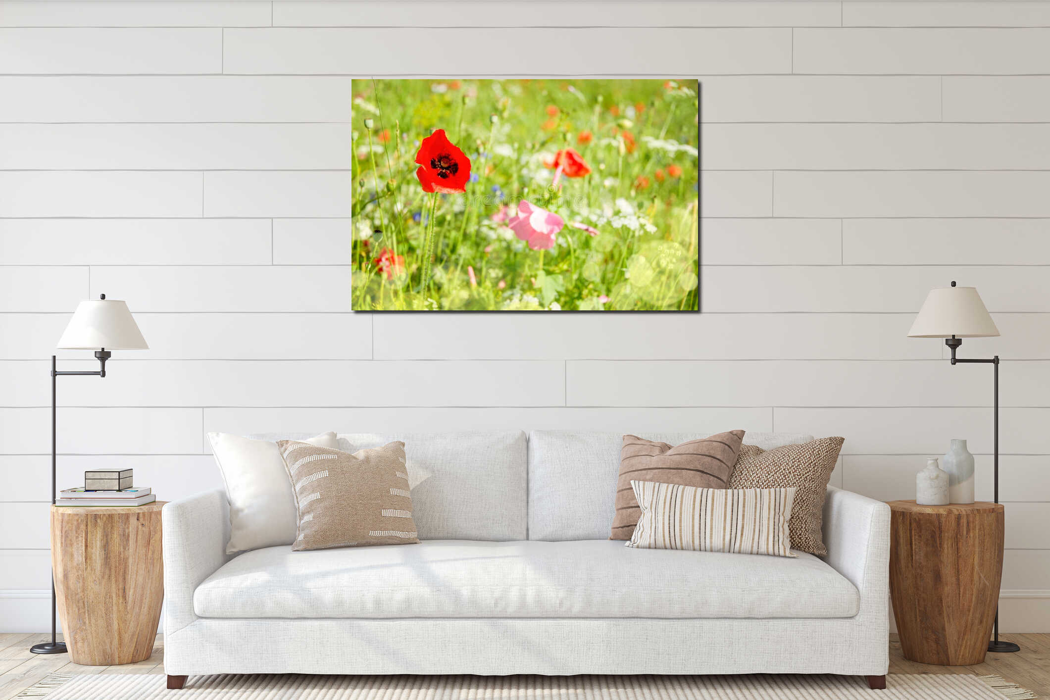 Close up of poppies and wild flowers in a field interior mockup