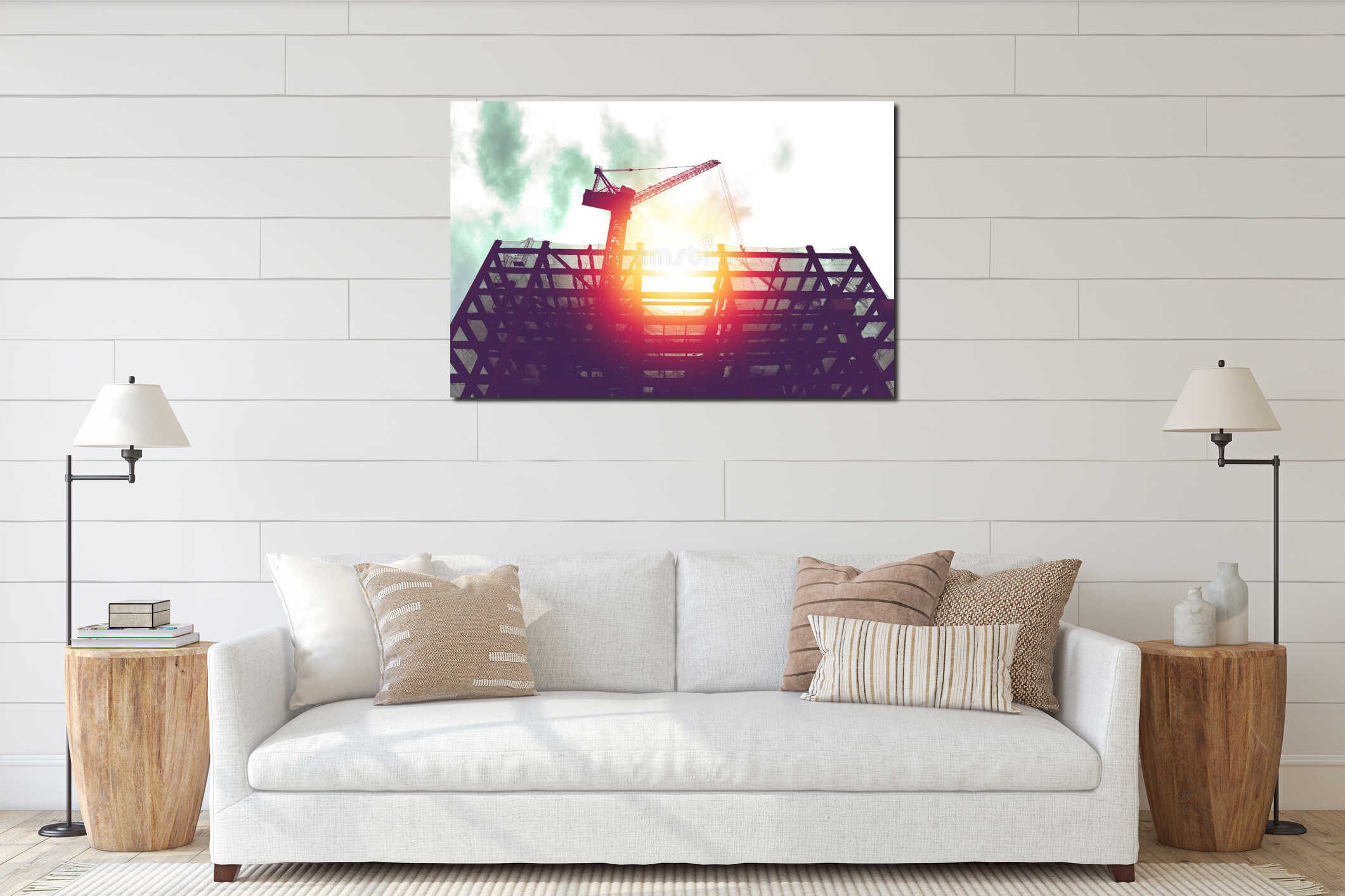 Silhouette of crane in building construction site interior mockup