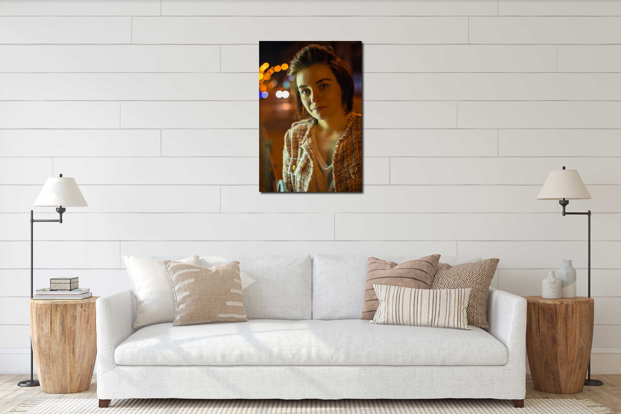 Night portrait of pretty woman interior mockup