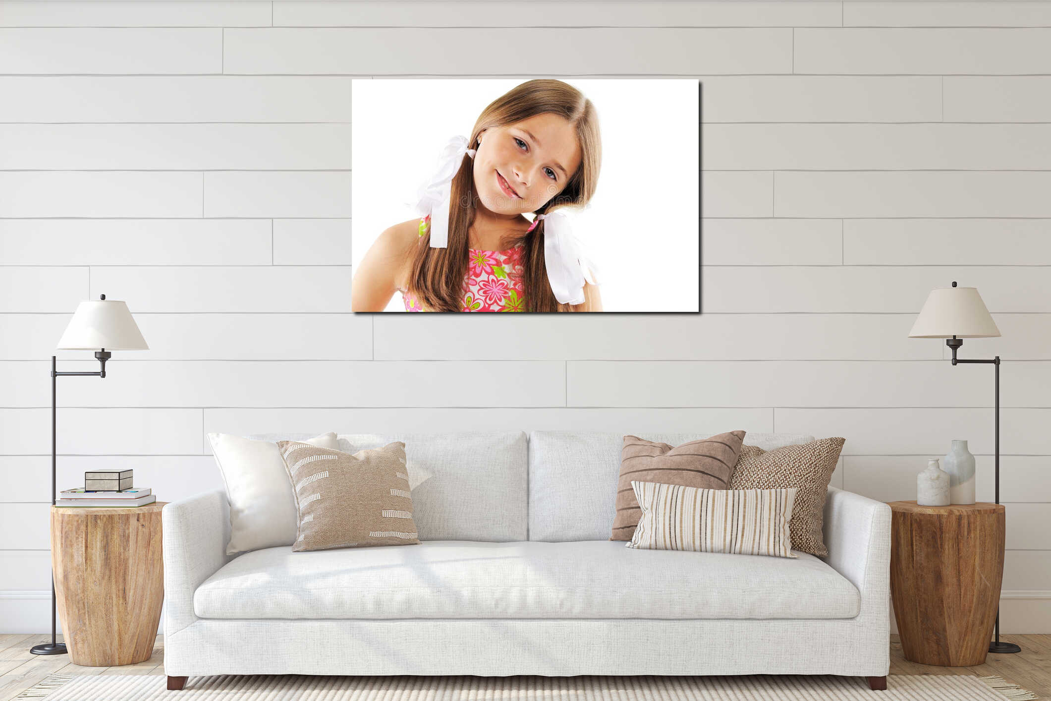 Portrait of pretty young girl with bows interior mockup