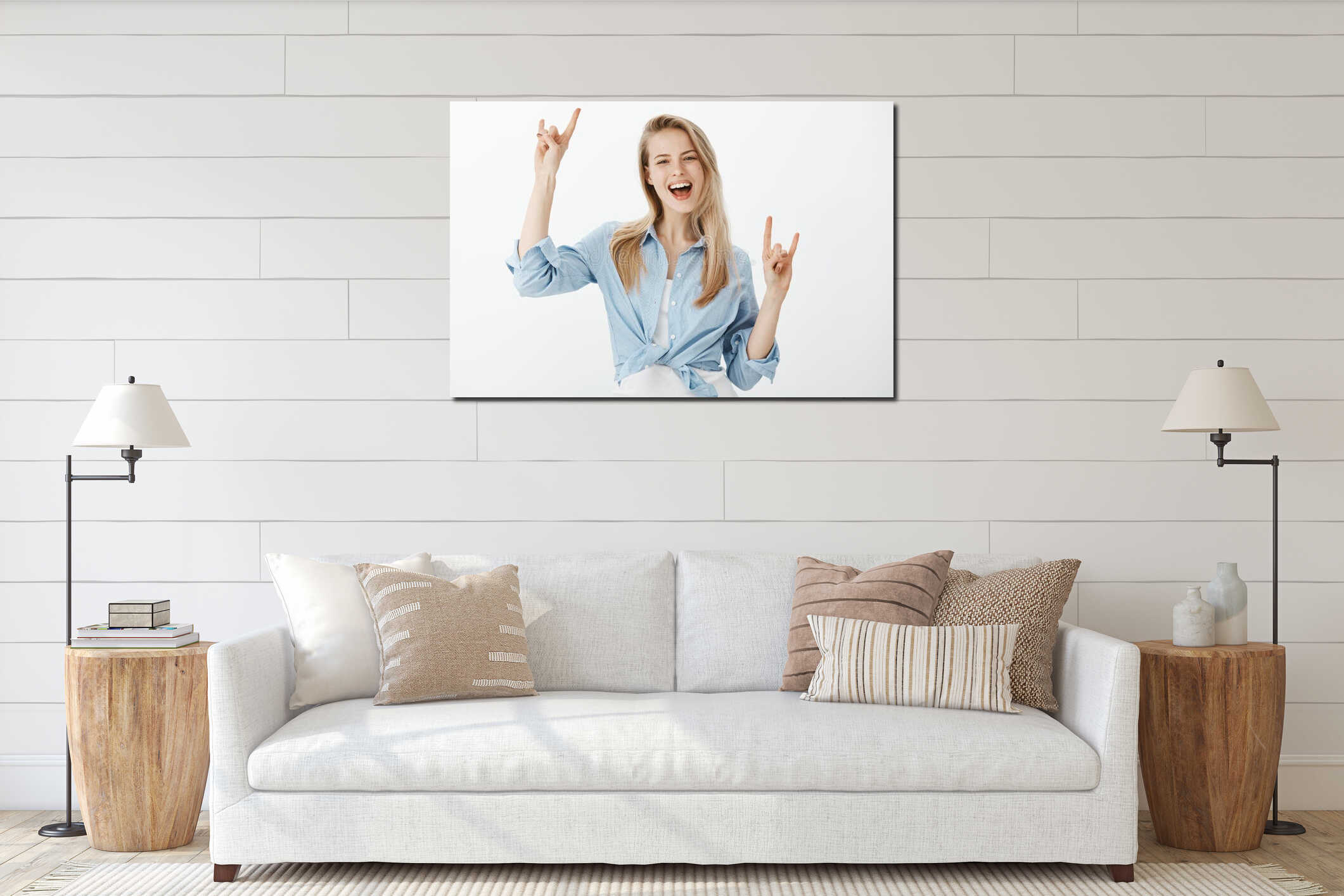 Sharing positive emotions with us. Portrait of joyful caucasian female model with satisfied carefree attitude, showing interior mockup