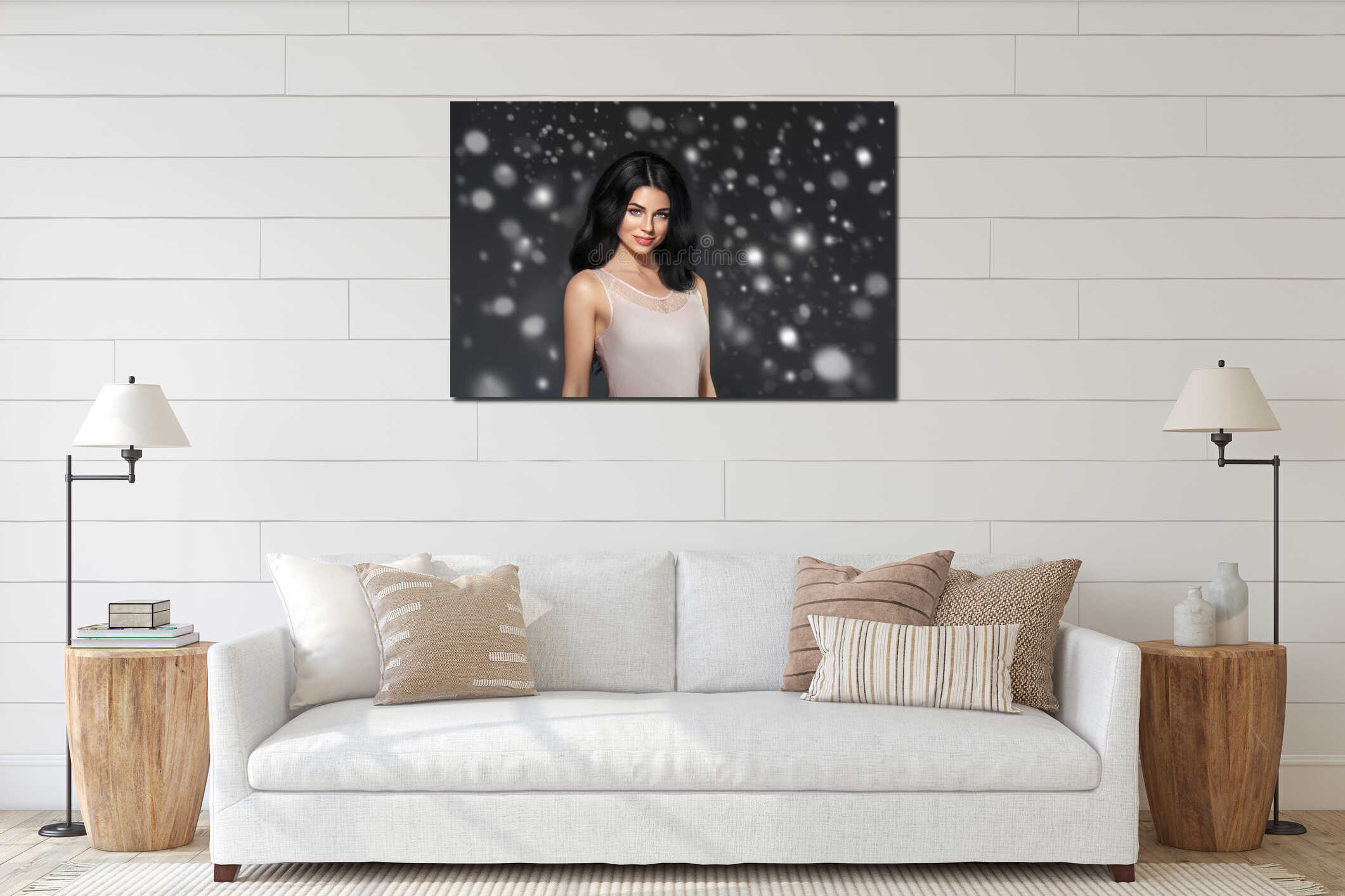 Beauty Woman Winter Snow face Portrait. Beautiful Spa model Girl interior mockup