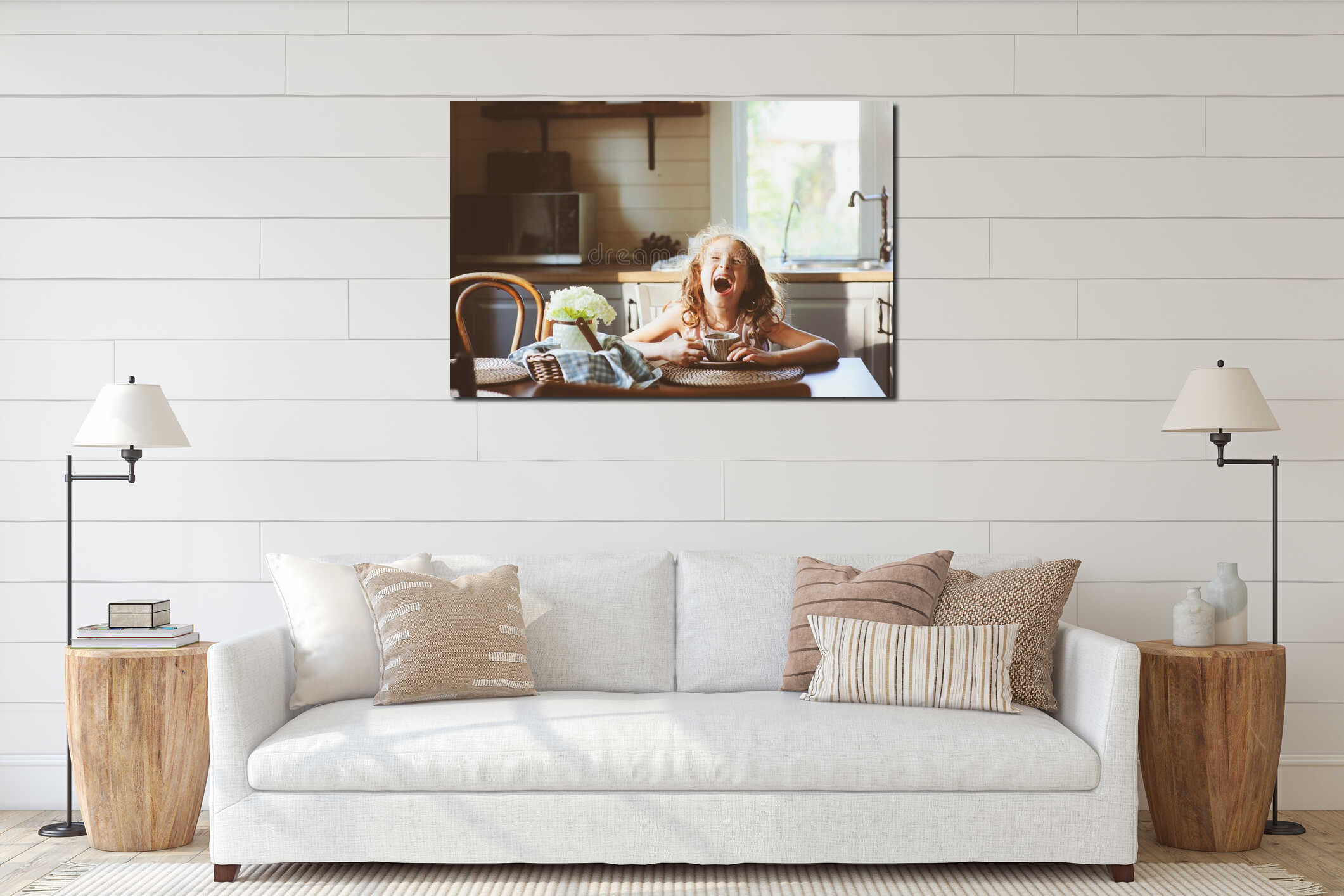 Child girl drinking tea for breakfast in summer country kitchen interior mockup