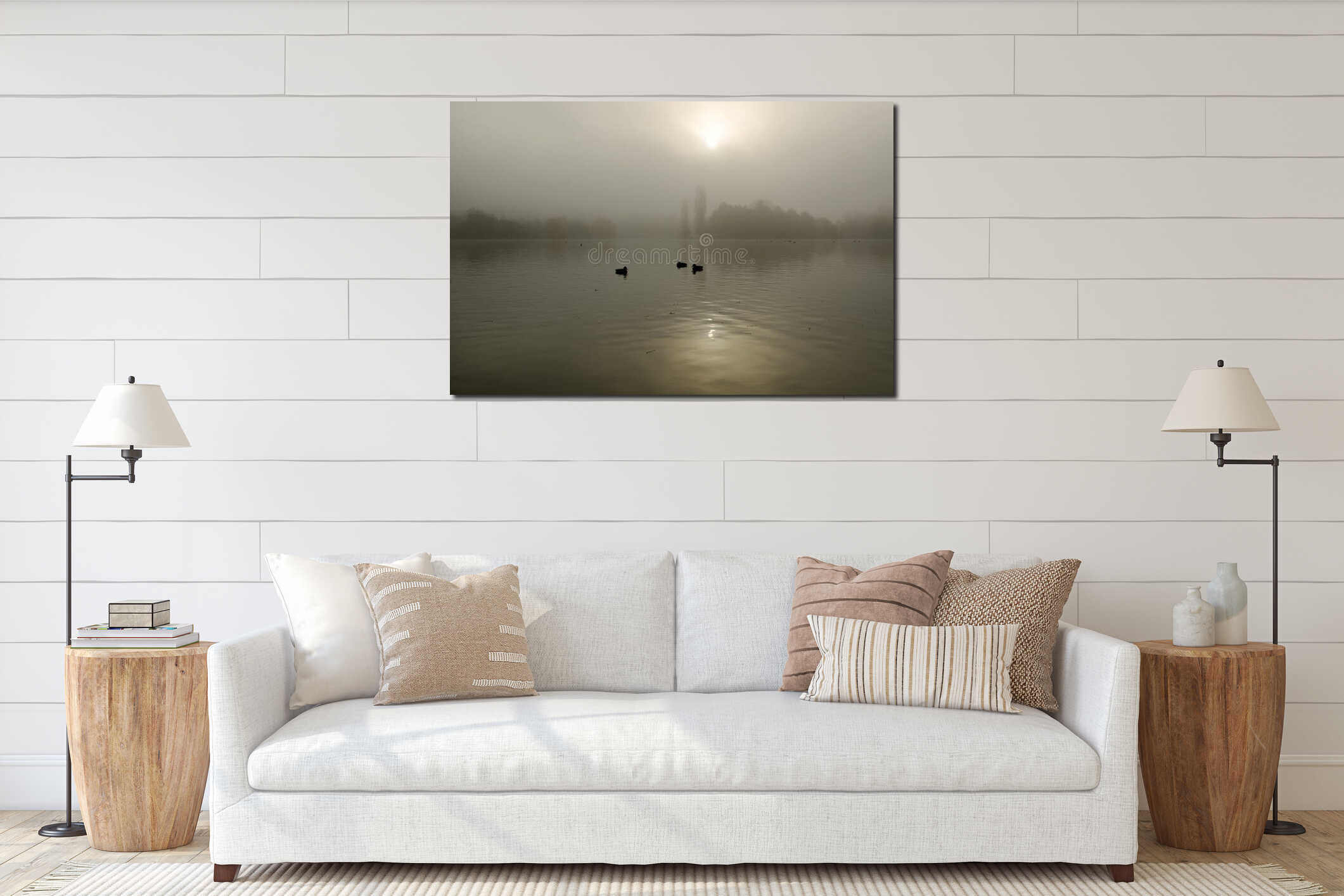 Birds silhouettes on a calm lake in misty light in morning interior mockup