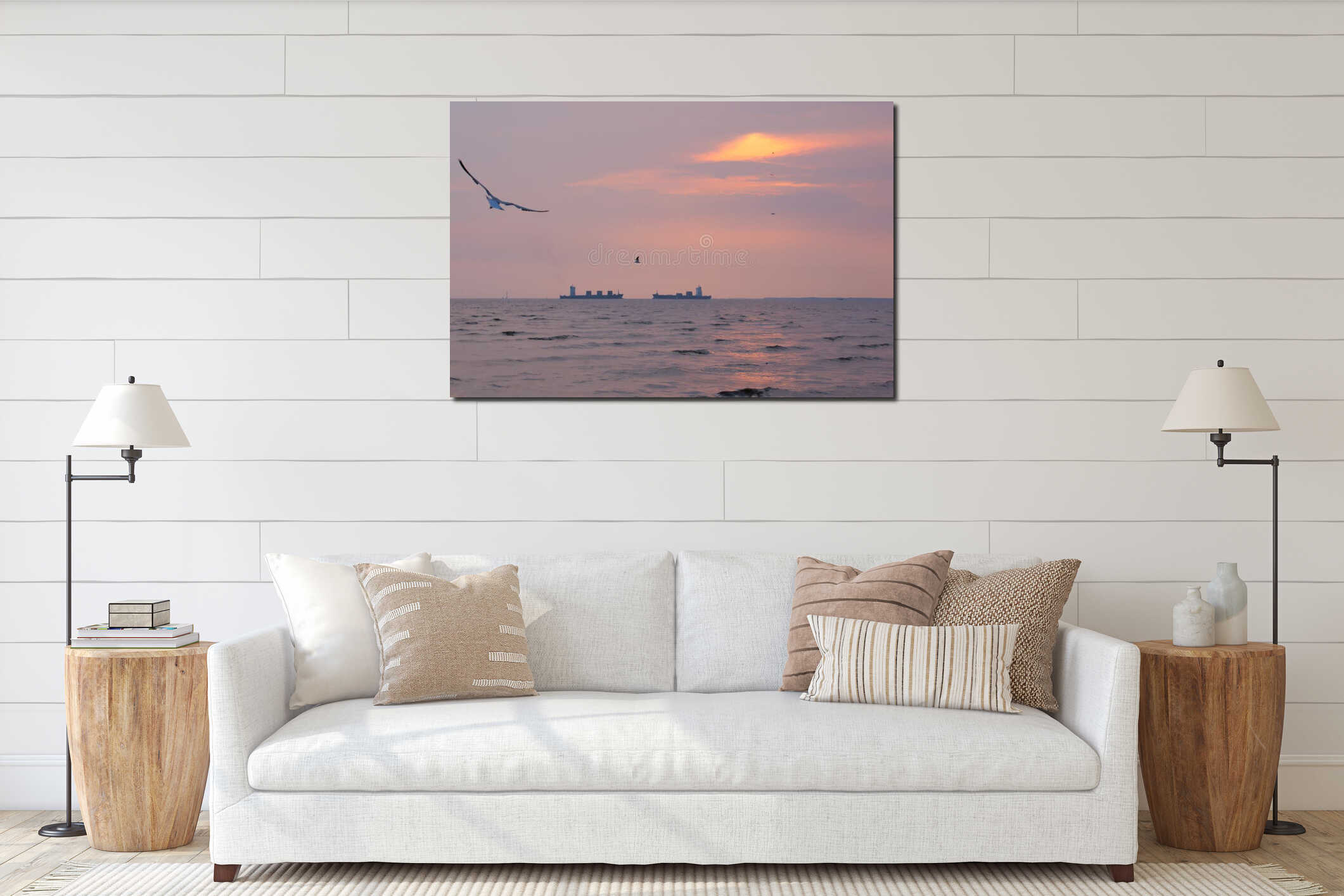 Two large identical ships going head-to-head, in a Thai river delta`s sunset background, with seagulls flying about. interior mockup