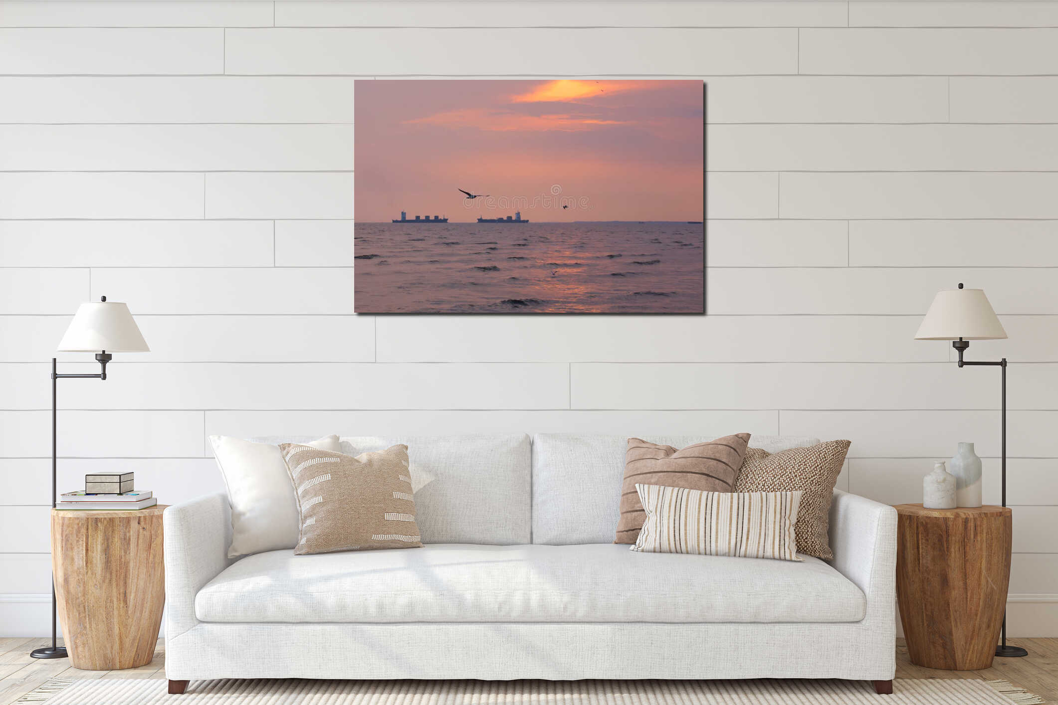 Two large identical ships going head-to-head, in a Thai river delta`s sunset background, with seagulls flying about. interior mockup