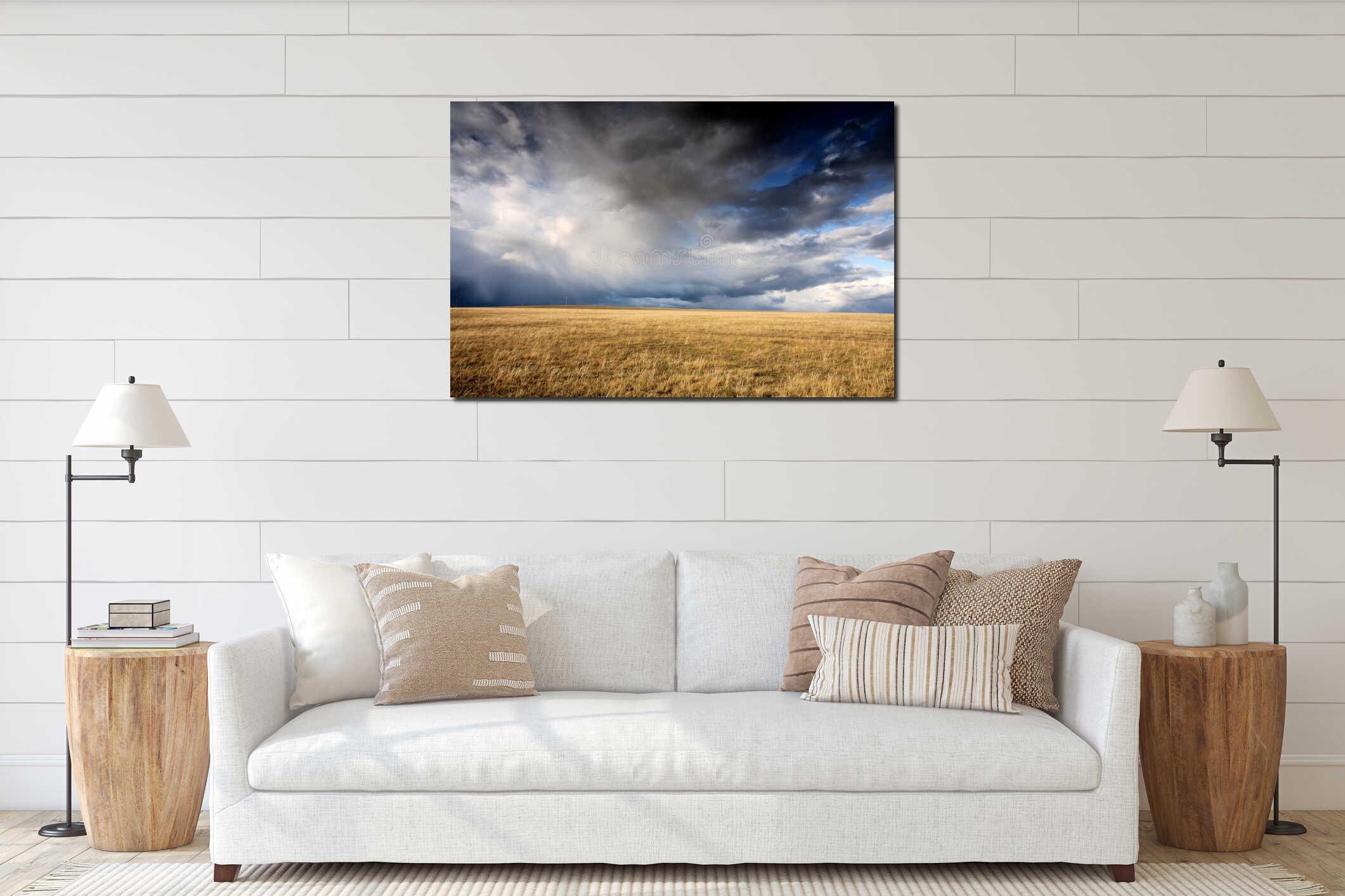 Cloudy sky and meadow interior mockup