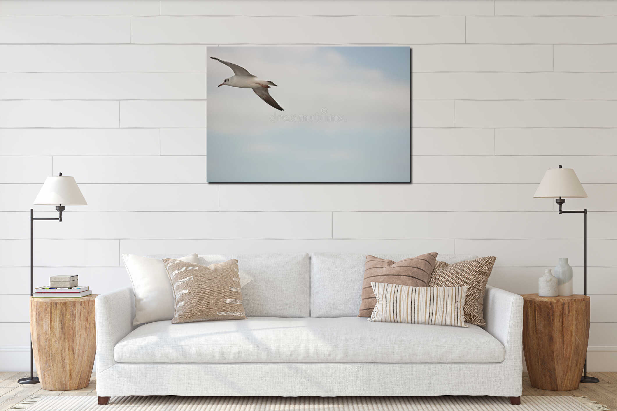 Seagull flying on the sky with copy space Science name is Charadriiformes Laridae . Selective focus and shallow depth of field. interior mockup