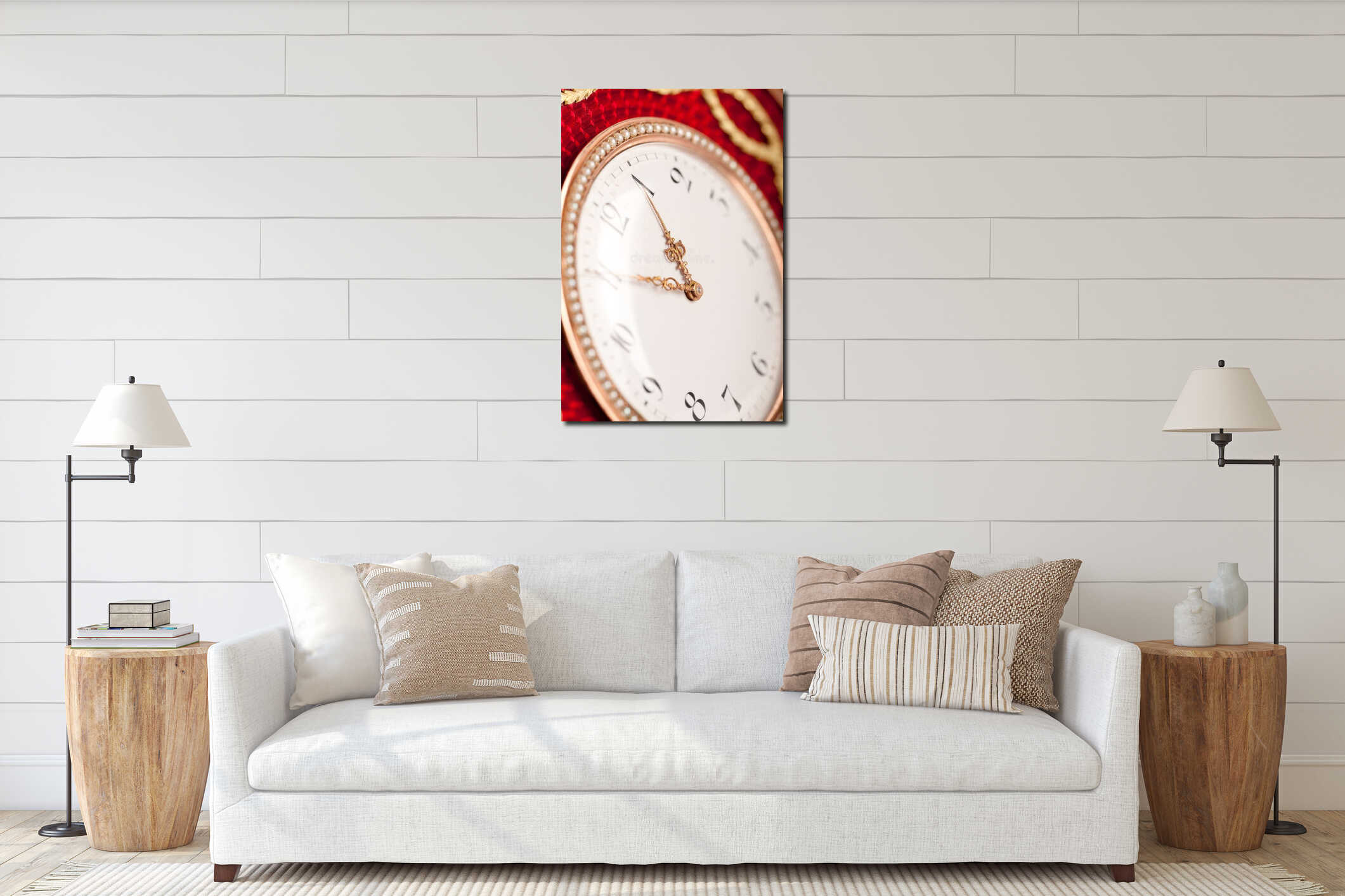 Close-up of red and gold antique tambour clock interior mockup
