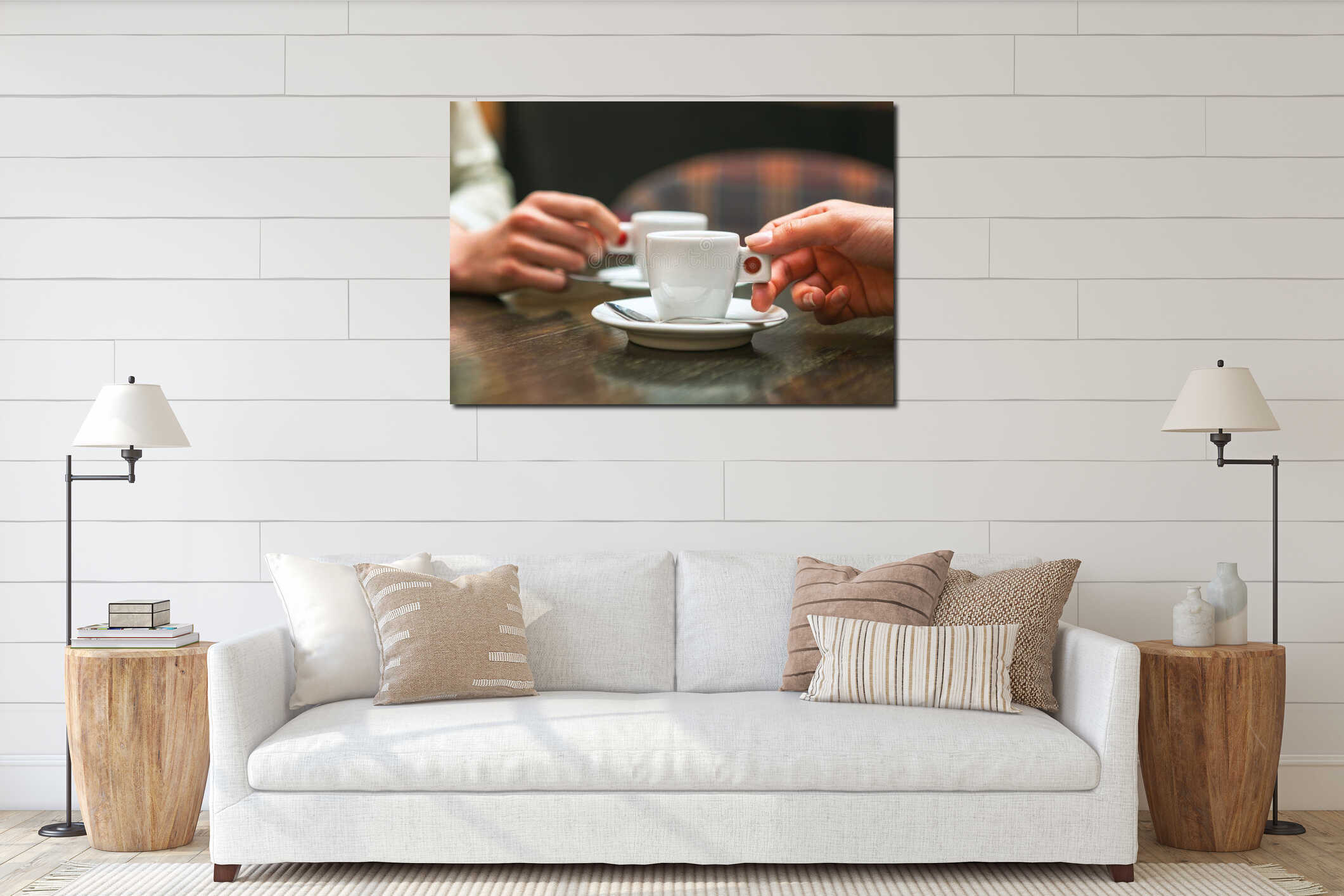 Two people holding cups of coffee sitting in cafeteria. interior mockup