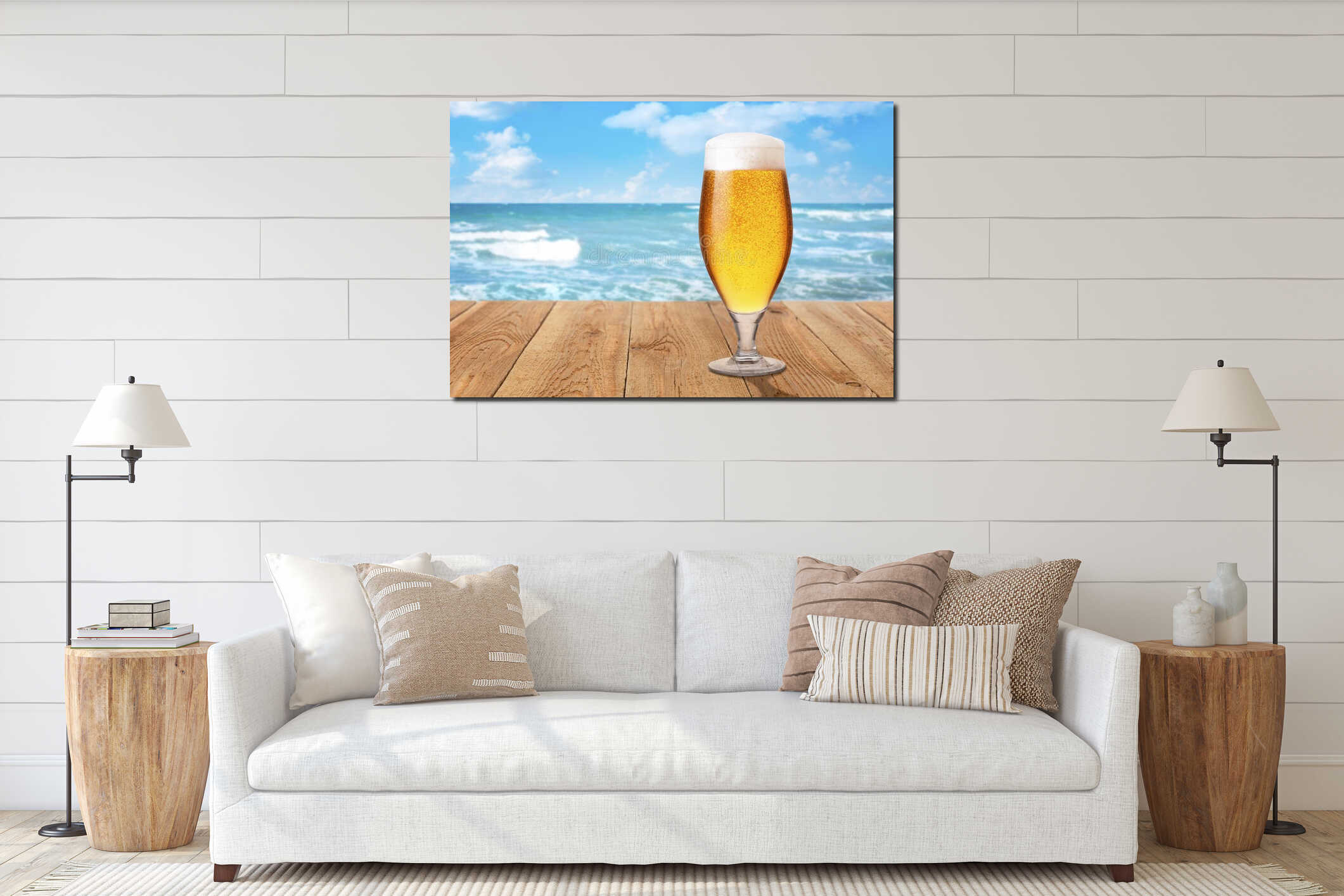 Glass of beer against sea interior mockup