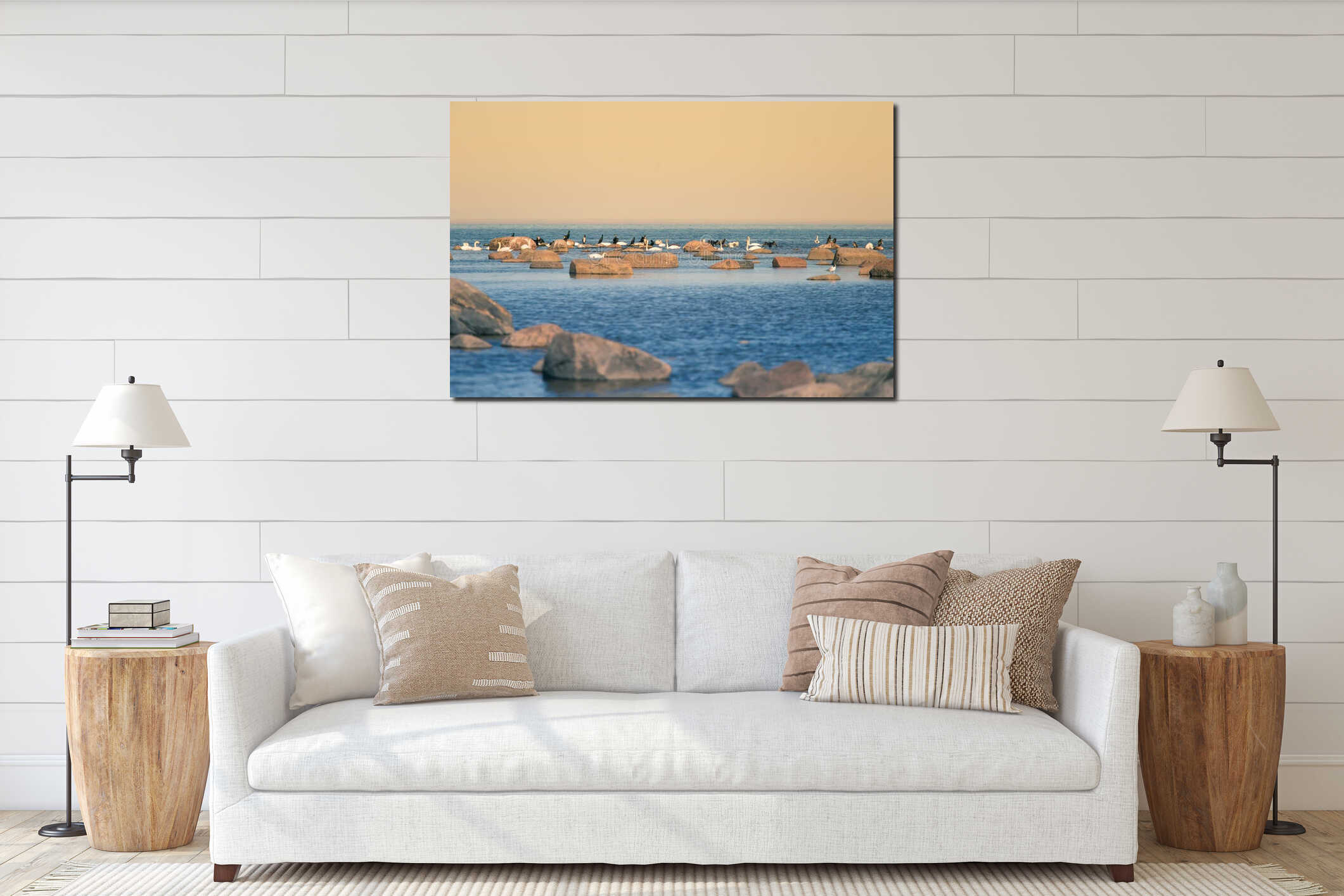 A beautiful spring landscape at the beach with a colony of birds. Swans, cormorants, gulls relaxing on the stones at the beach. interior mockup