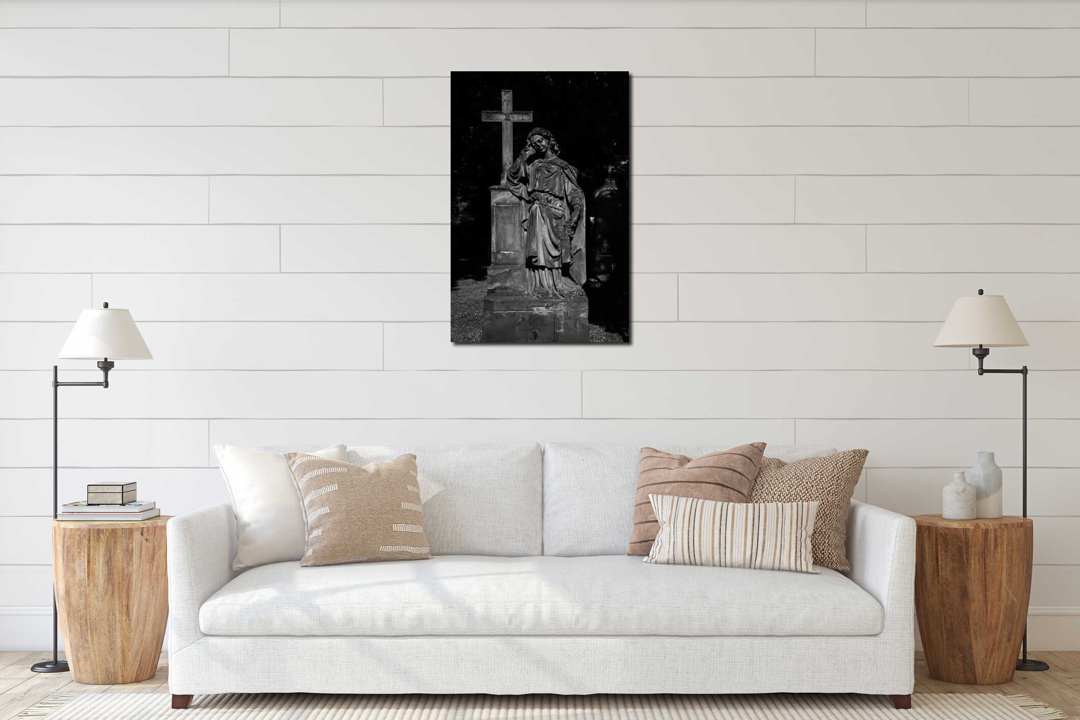 Marble statue angel with cross statue in Olsany Cemetery in Prague interior mockup