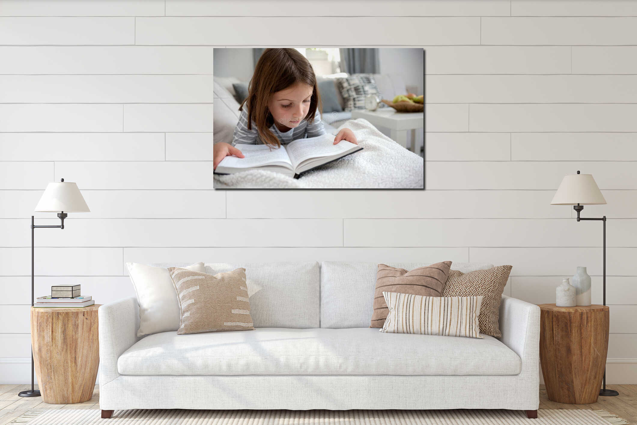 Cute young girl reading book at home interior mockup