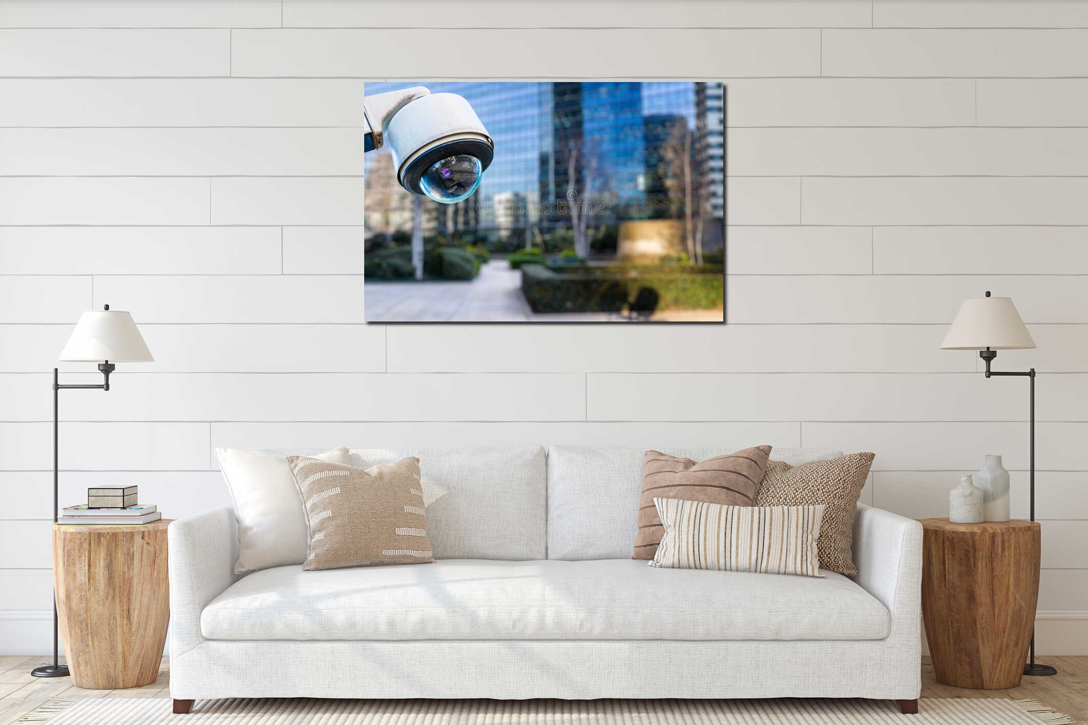 security CCTV camera or surveillance system with buildings on blurry background interior mockup