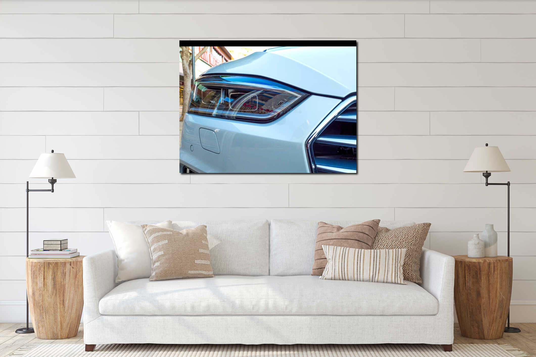 Close up of car head light. interior mockup