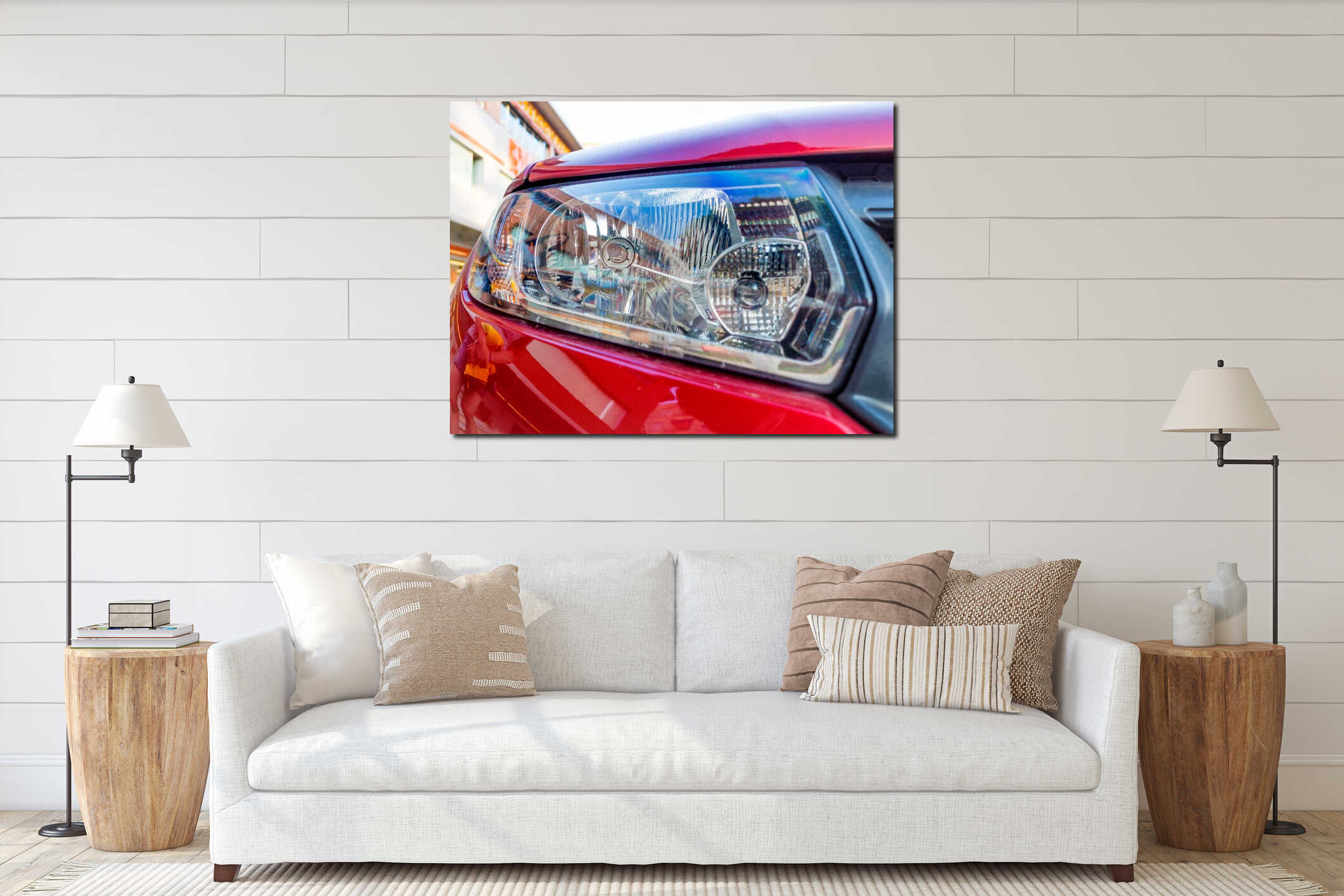 Close up of car head light. interior mockup