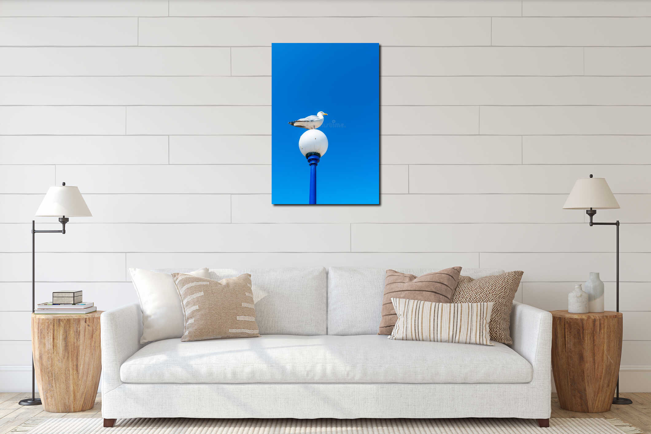 A seagull sitting on a lamp post interior mockup