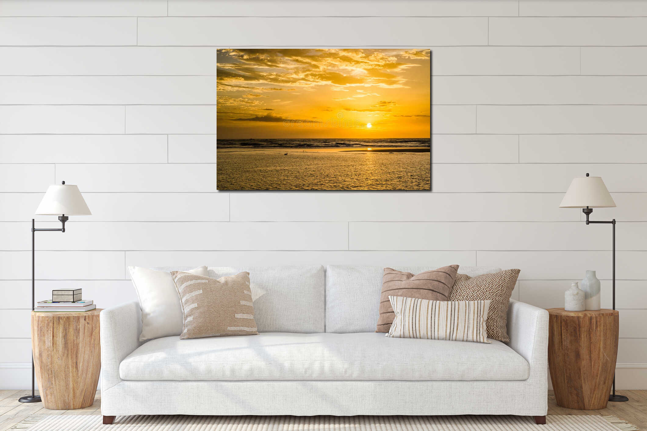 Amazing golden sunset with dramatic clouds, silhouettes of birds including a pelican and calm ocean, Senegal, Africa interior mockup