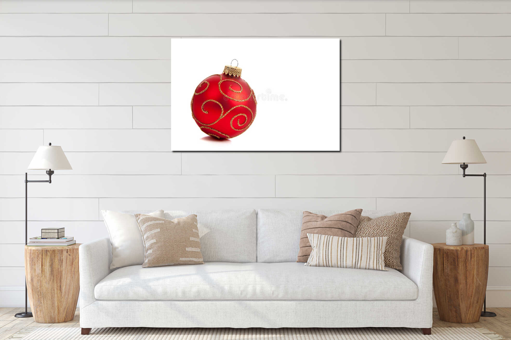 A red, glittery Christmas ornament on white interior mockup