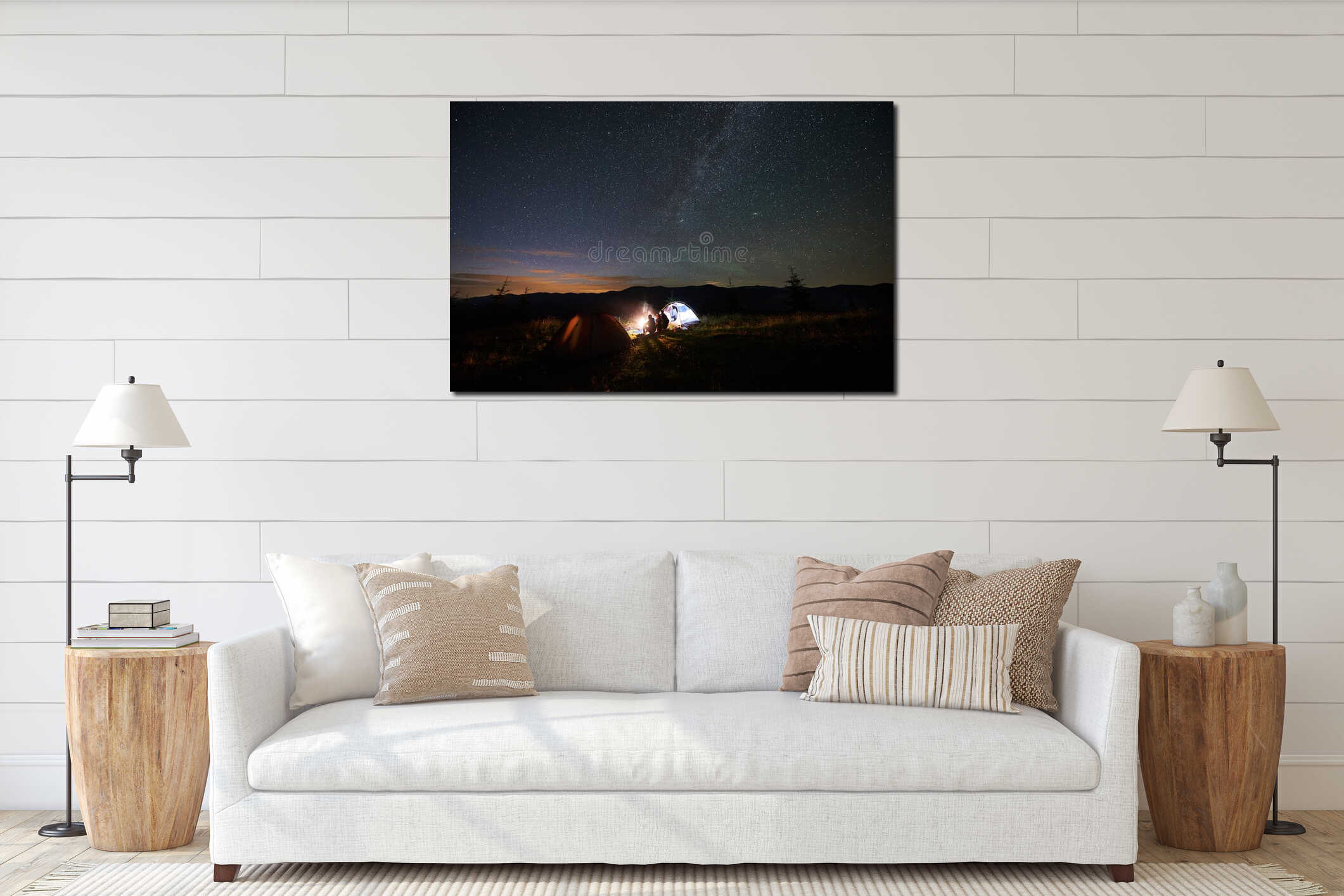 Mother and two sons hikers at camping in mountains under night sky full of stars and Milky way interior mockup