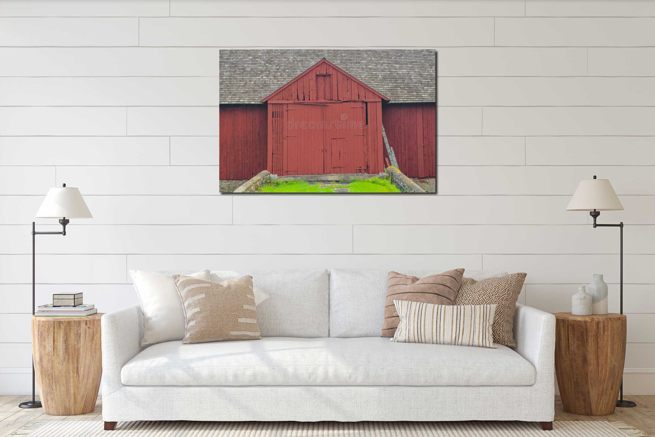 Close up of a big red barn with large double doors in Chaddsforge Pa. interior mockup