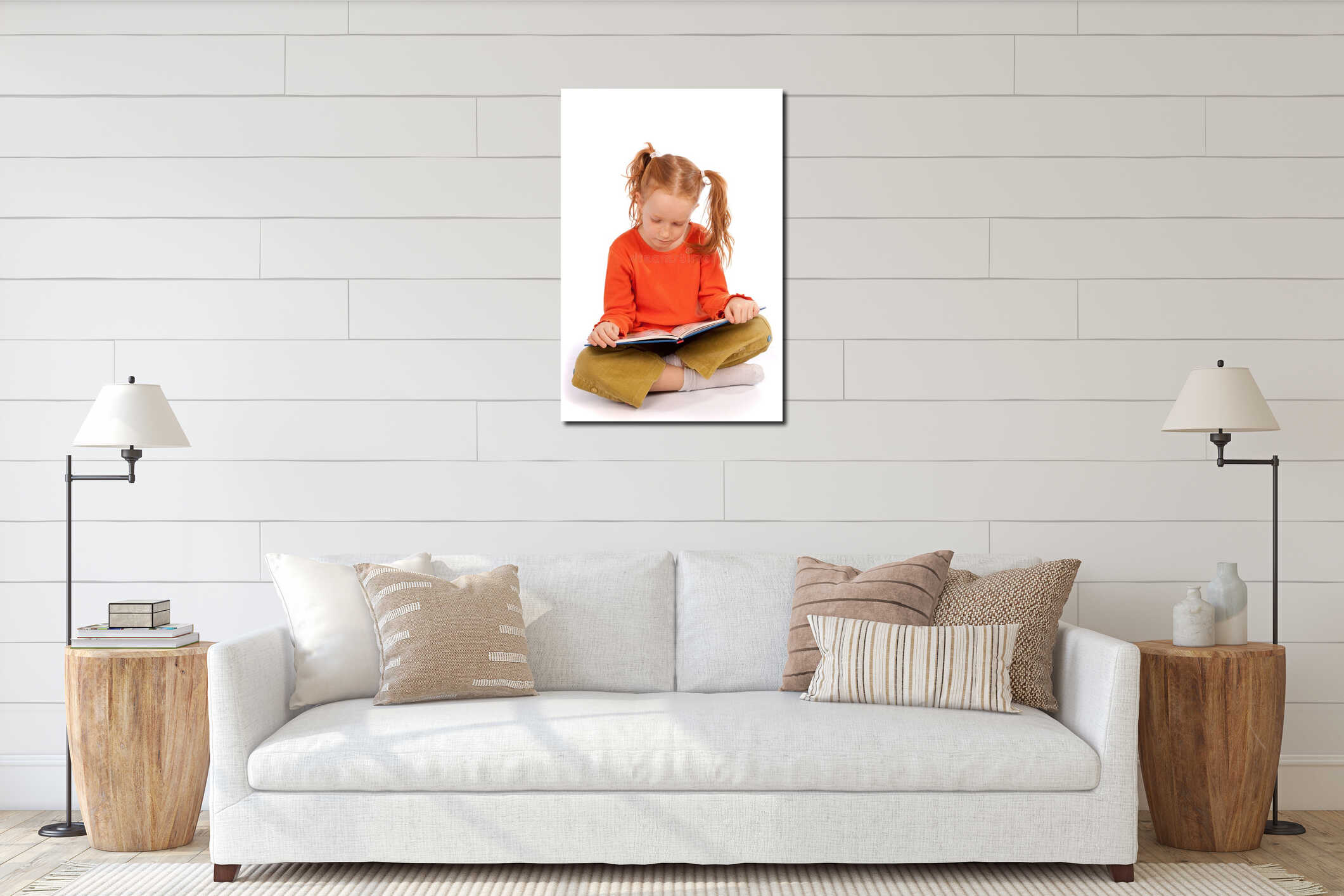 Young girl reading a book interior mockup