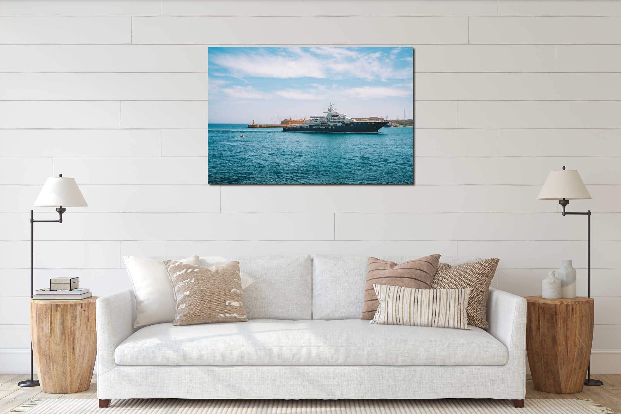 Huge yacht sailing into the old town of Valletta on Malta interior mockup