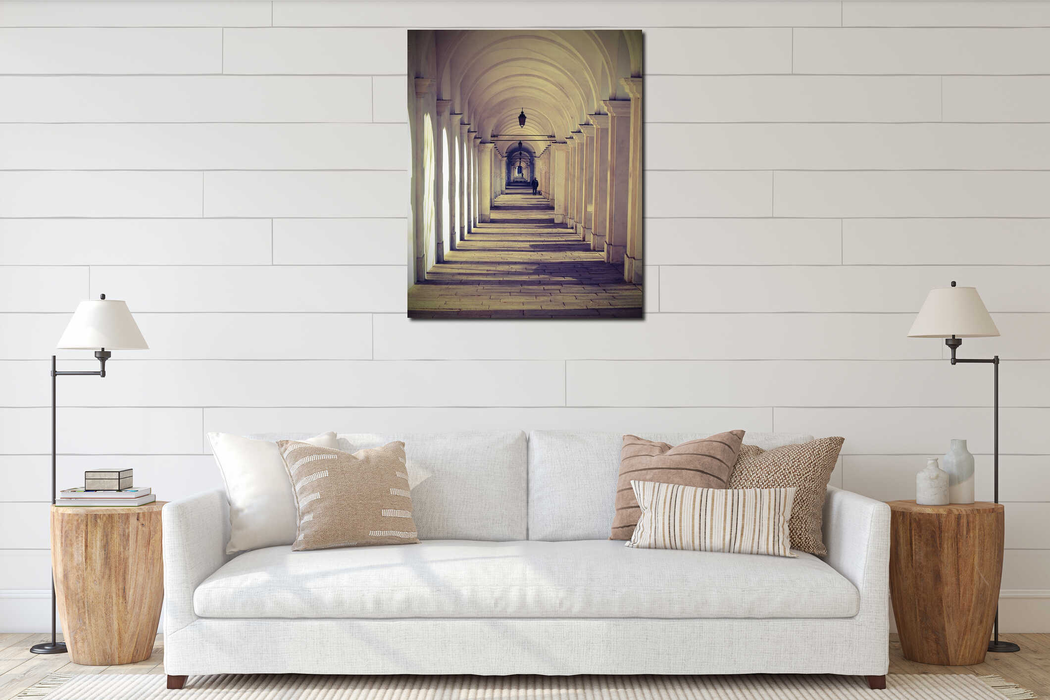 Vicenza Italy the long arched corridor with vintage effect interior mockup